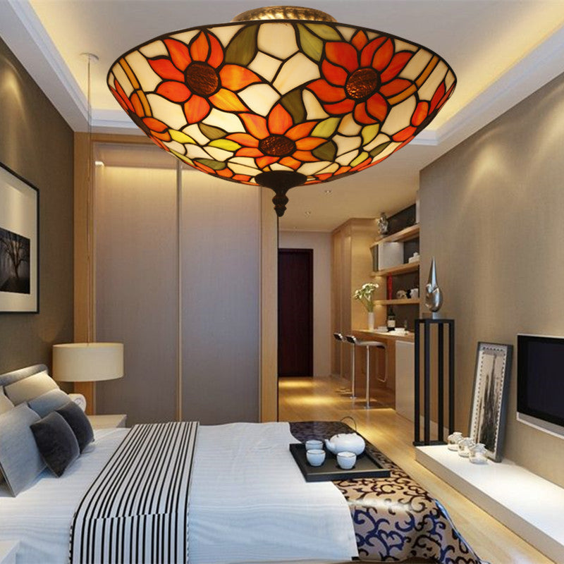 Tiffany Luxury Flush Mount Ceiling Light Colorful Sunflower Bedroom