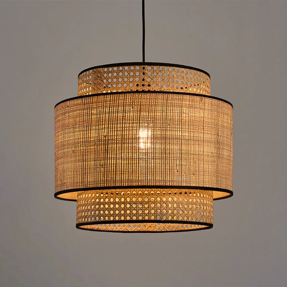 Ritta Wabi Sabi Tri-Layer Cylindrical Rattan/ Pendant Light, Wooden - Letslighting