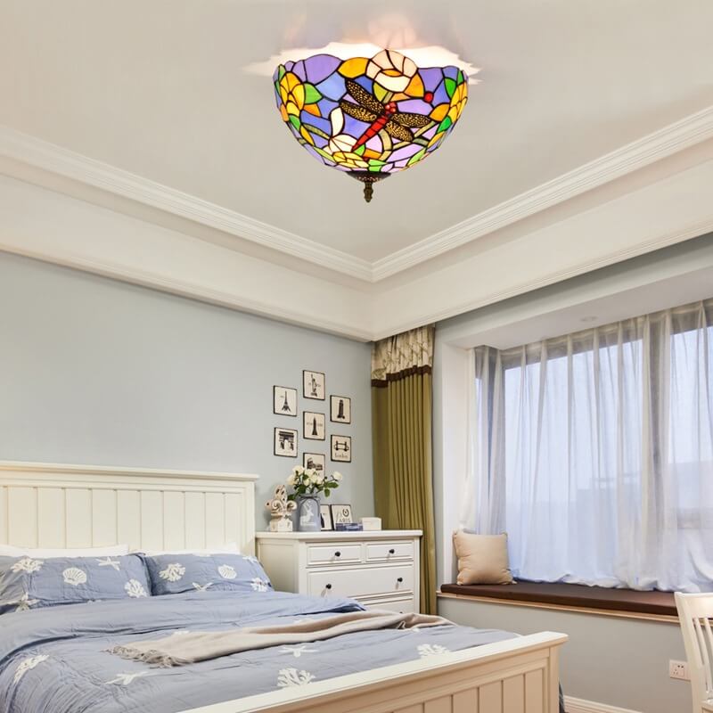 Tiffany Vintage Flush Mount Ceiling Light Multicolor Glass Bedroom - Letslighting