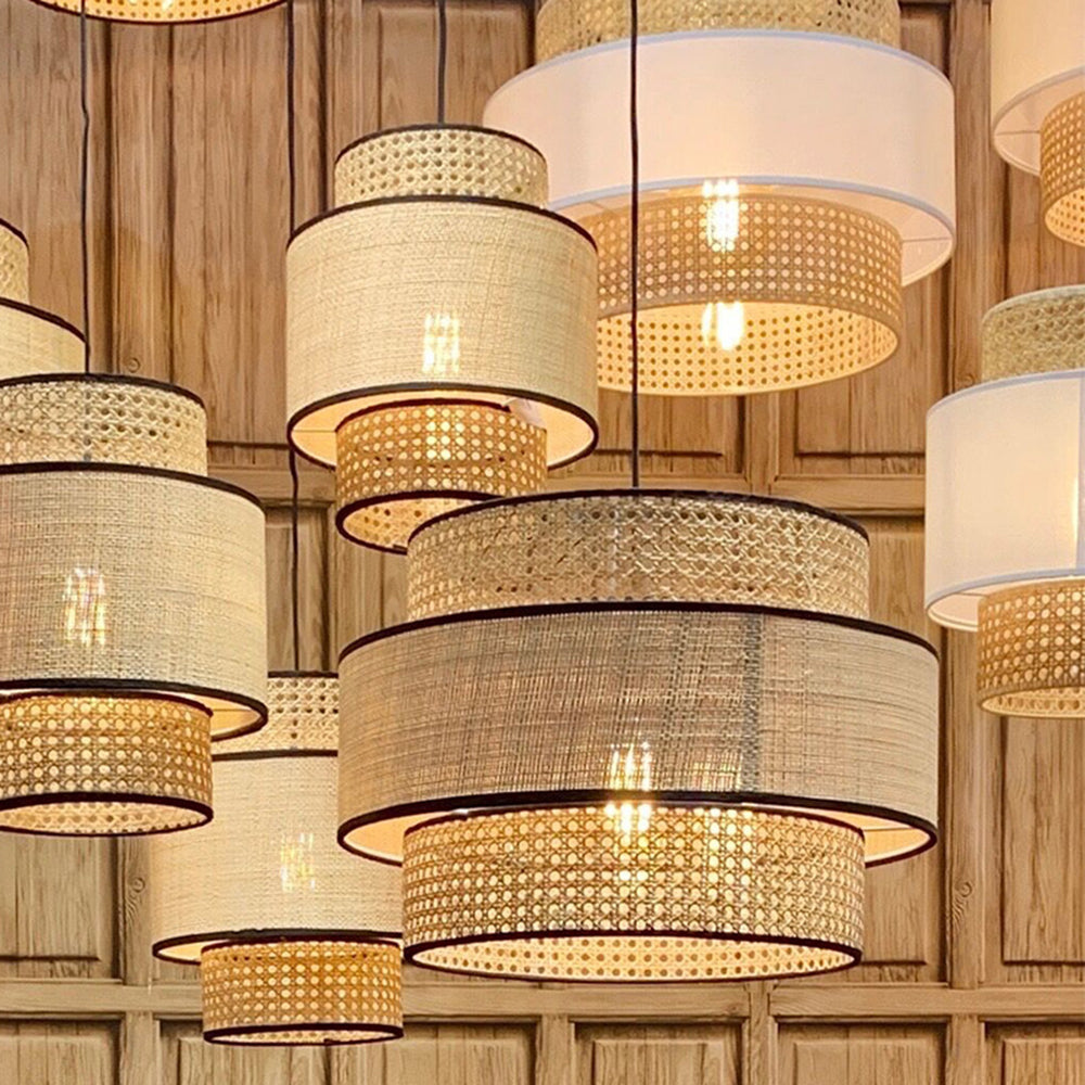 Ritta Wabi Sabi Tri-Layer Cylindrical Rattan/Metal Pendant Light, Wooden