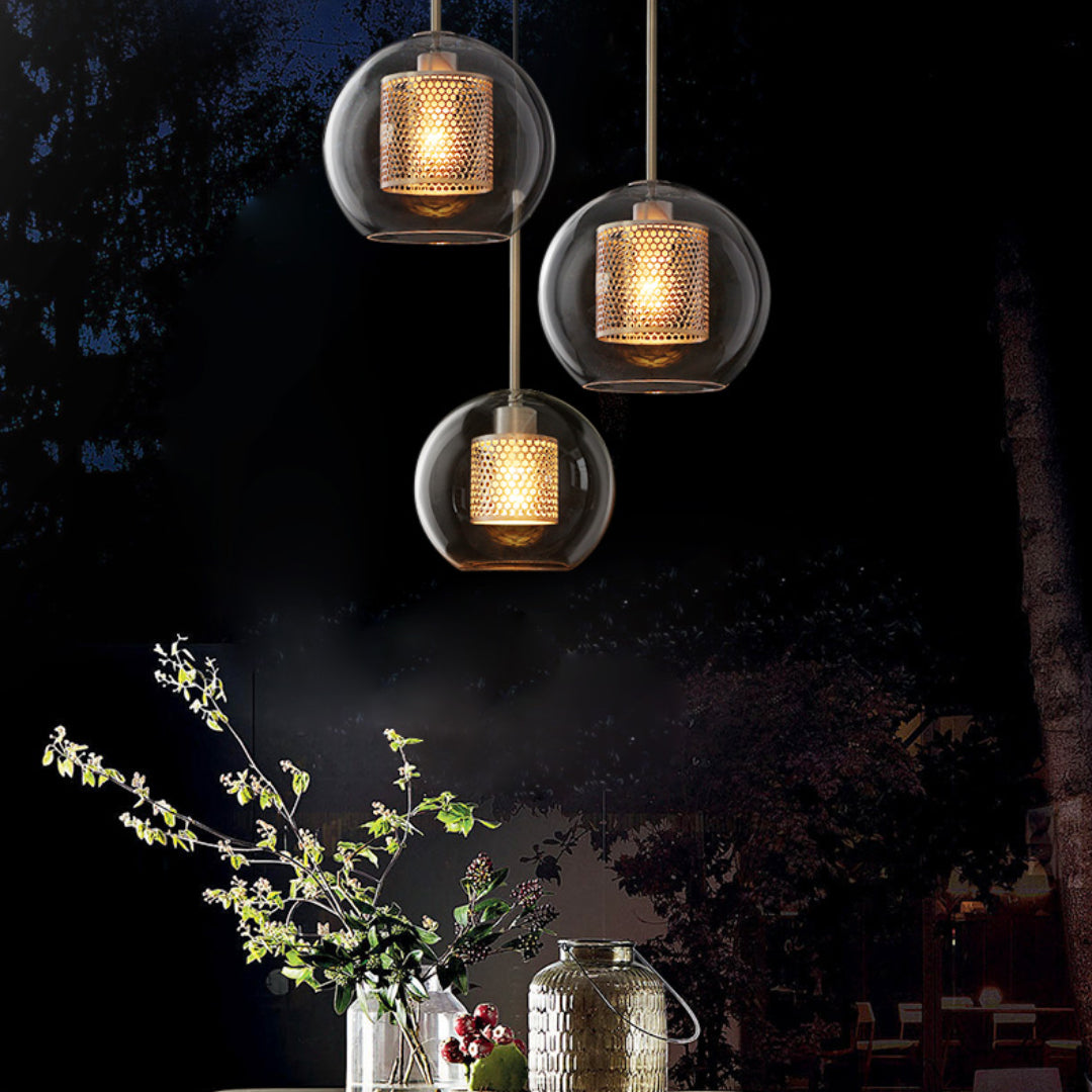 Arisha Contemporary Golden Pendant Light, Metal/Glass, Globe/Cylindric