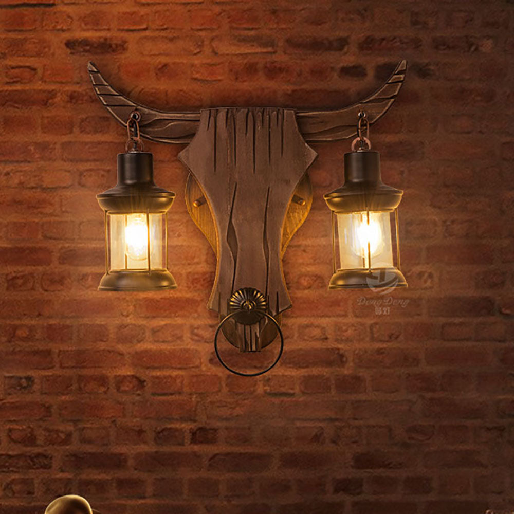 Epoch Wall Lamp Bull Shape Vintage, 2 Heads Wood/Metal, Bedroom