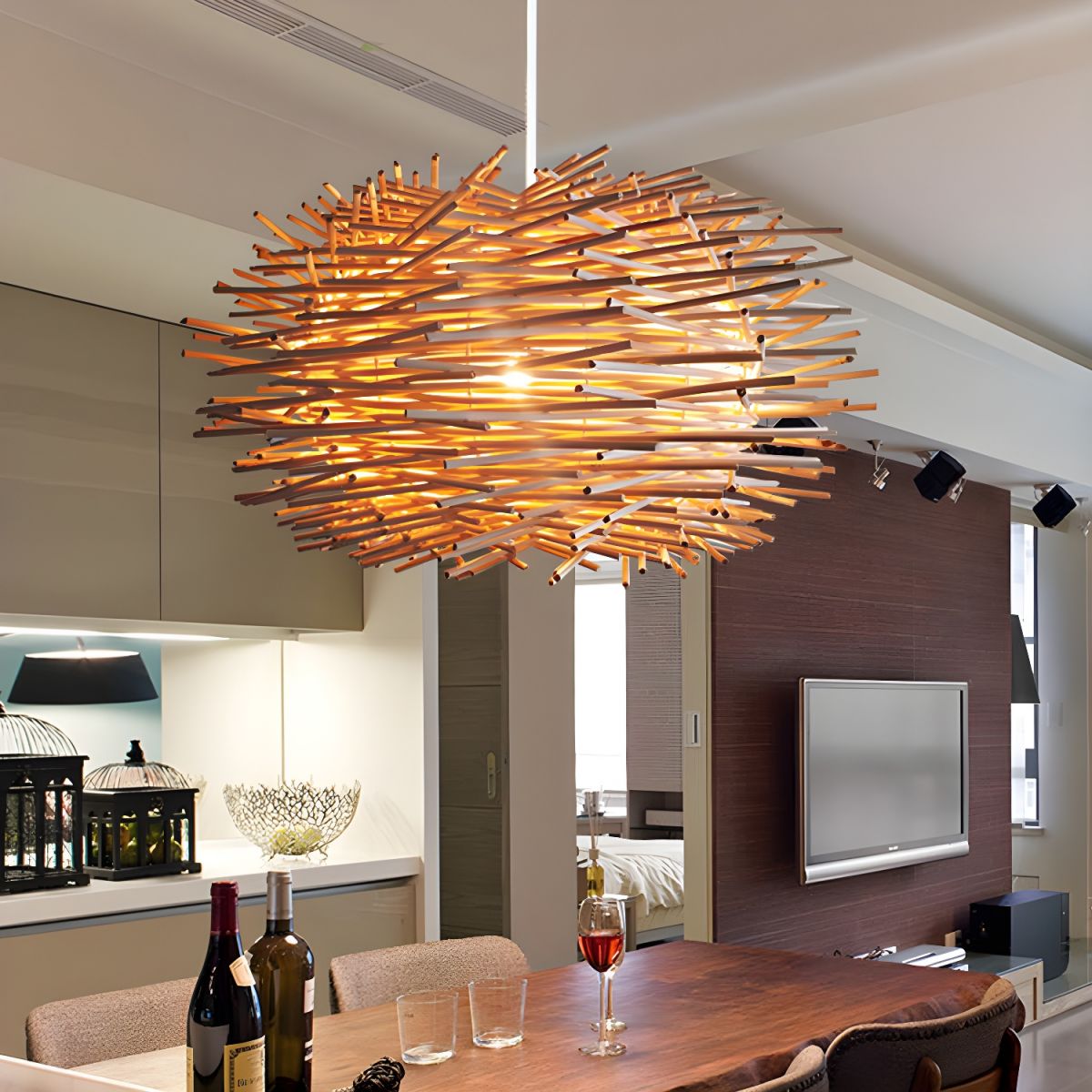 Muto Wooden Bird Ritta Rattan Pendant Light Wood