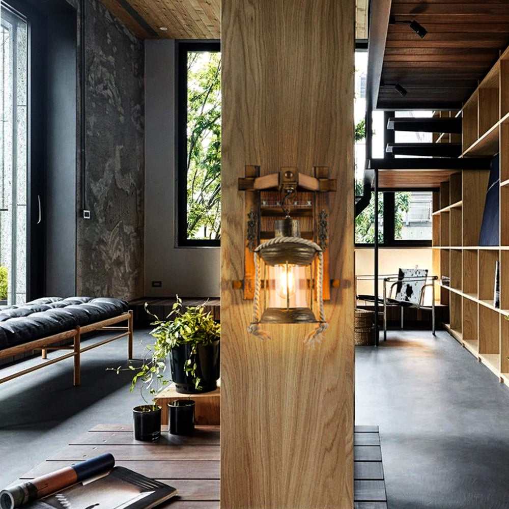 Epoch Vintage Lantern Shape Wood Metal Wall Lamp