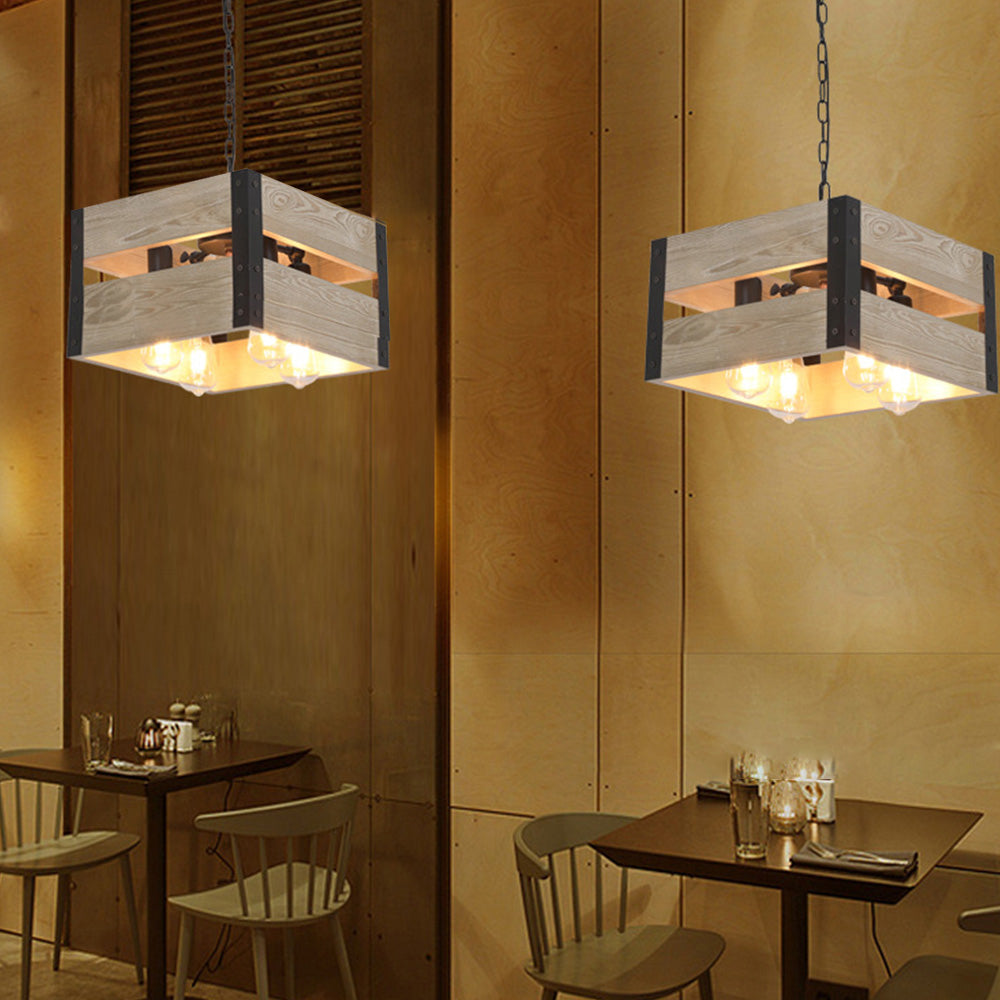 Silva Retro Square Metal & Wood Pendant Light, 4 Heads, 2 Style