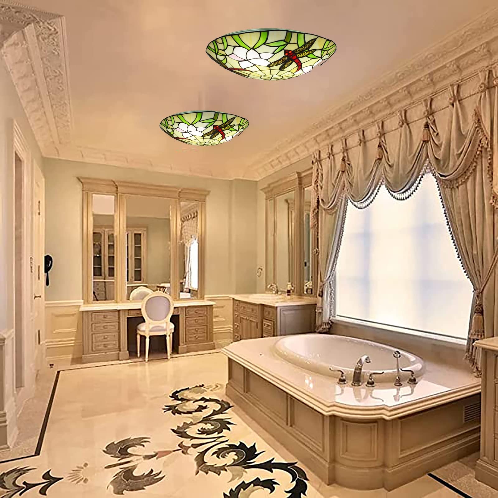 Tiffany Vintage LED Flush Mount Ceiling Light Multicolor Glass Bedroom - Letslighting