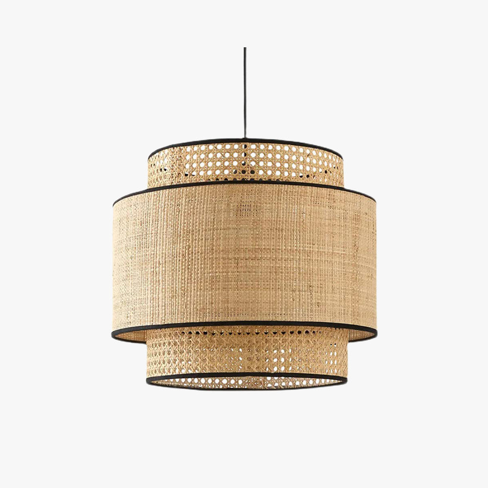 Ritta Wabi Sabi Tri-Layer Cylindrical Rattan/Metal Pendant Light, Wooden