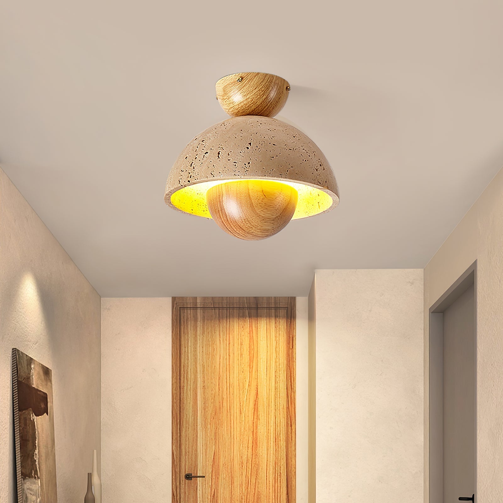 Nerio Modern Travertine & Wood Ceiling Light