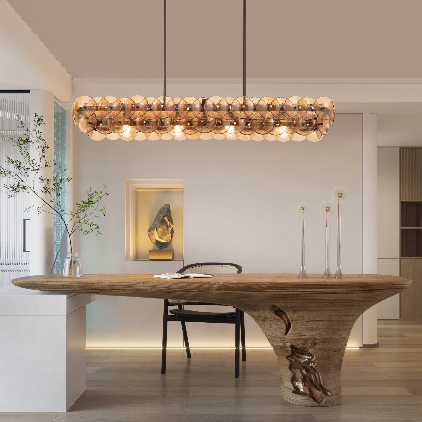 Aurora Chandelier Linear Amber Pressed Glass Disc Modern