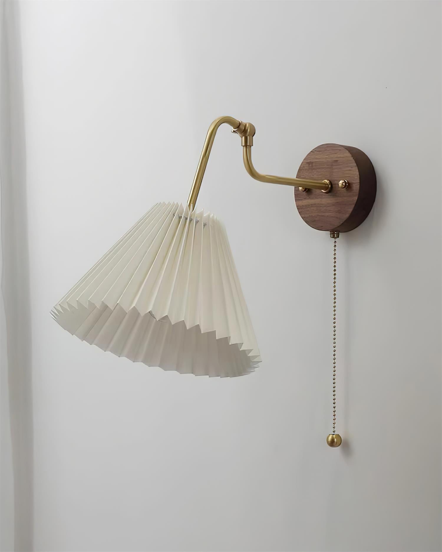 Vintage Brass & Walnut Wall Lamp with Pleated Fabric Shade - Letslighting