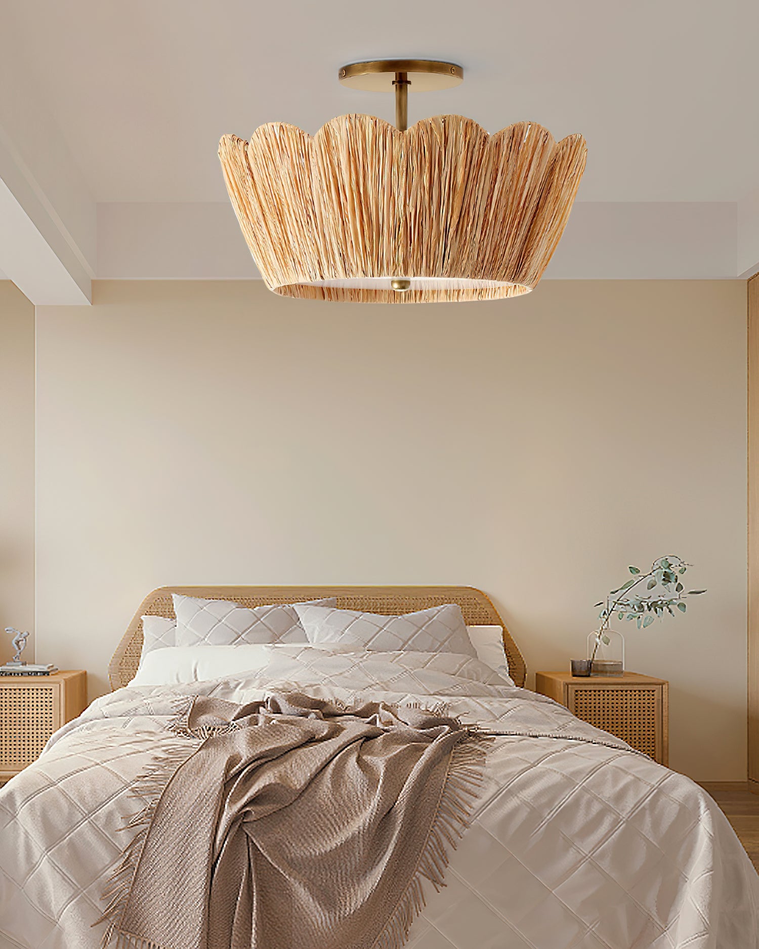 Alitzel Ceiling Light Natural Rattan Scalloped Brass Mount - Letslighting