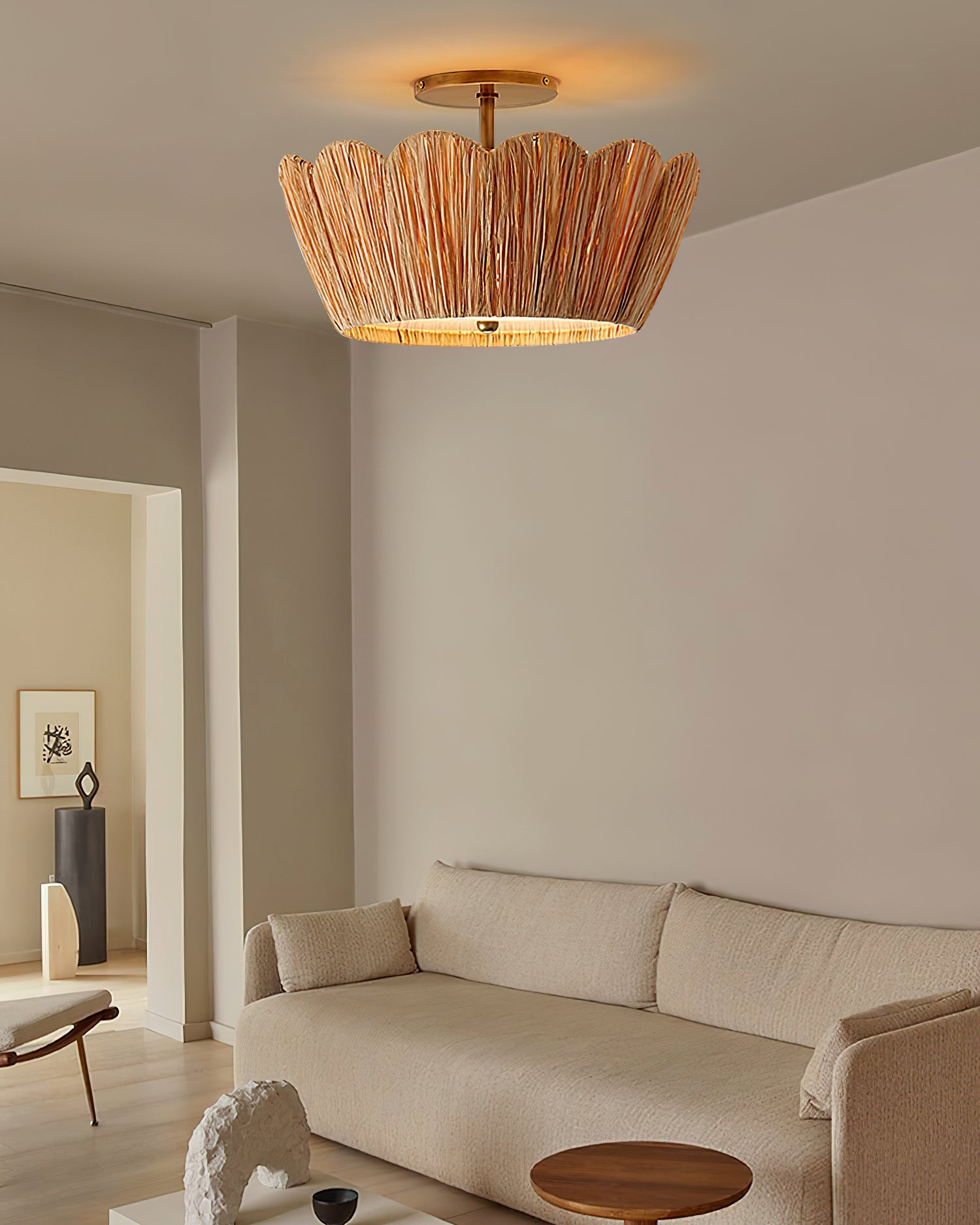 Alitzel Ceiling Light Natural Rattan Scalloped Brass Mount - Letslighting