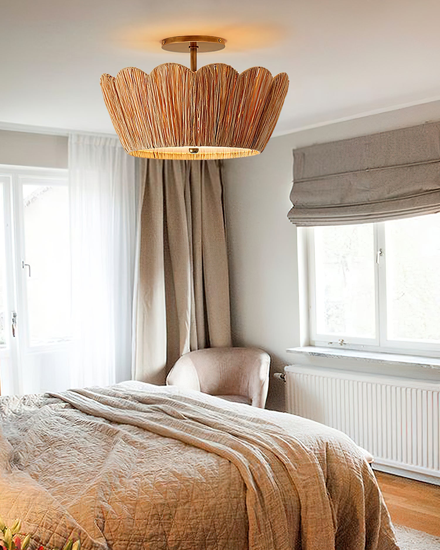 Alitzel Ceiling Light Natural Rattan Scalloped Brass Mount - Letslighting