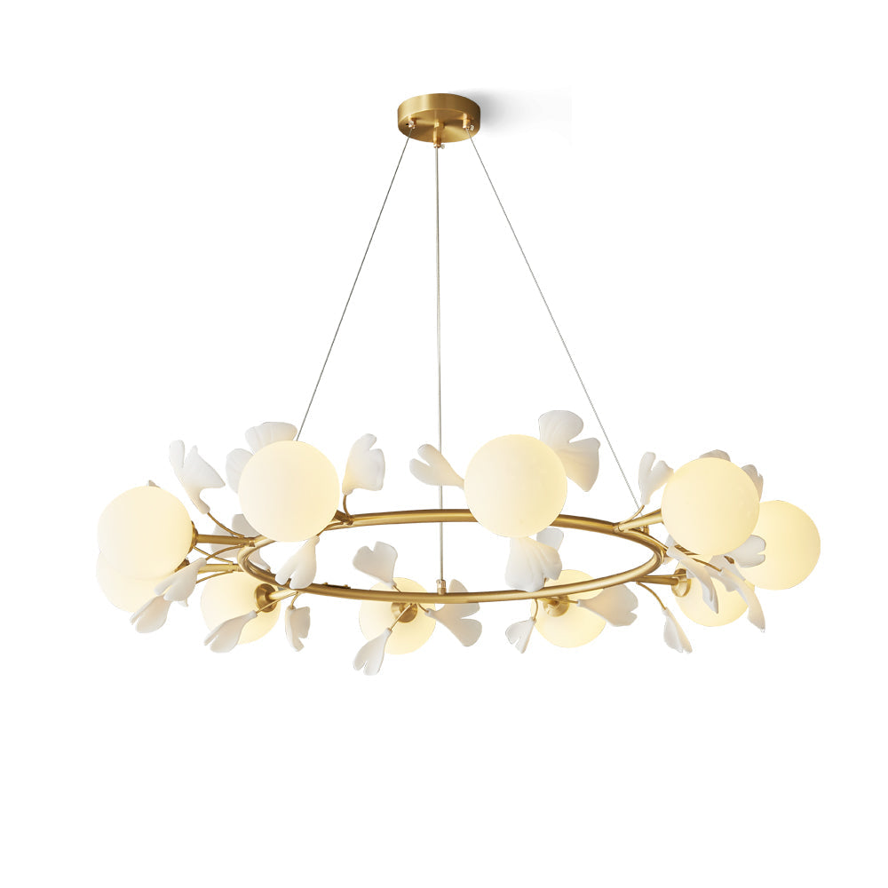 Allanie Gingko Chandelier Round Brass Globe Leaf - Letslighting