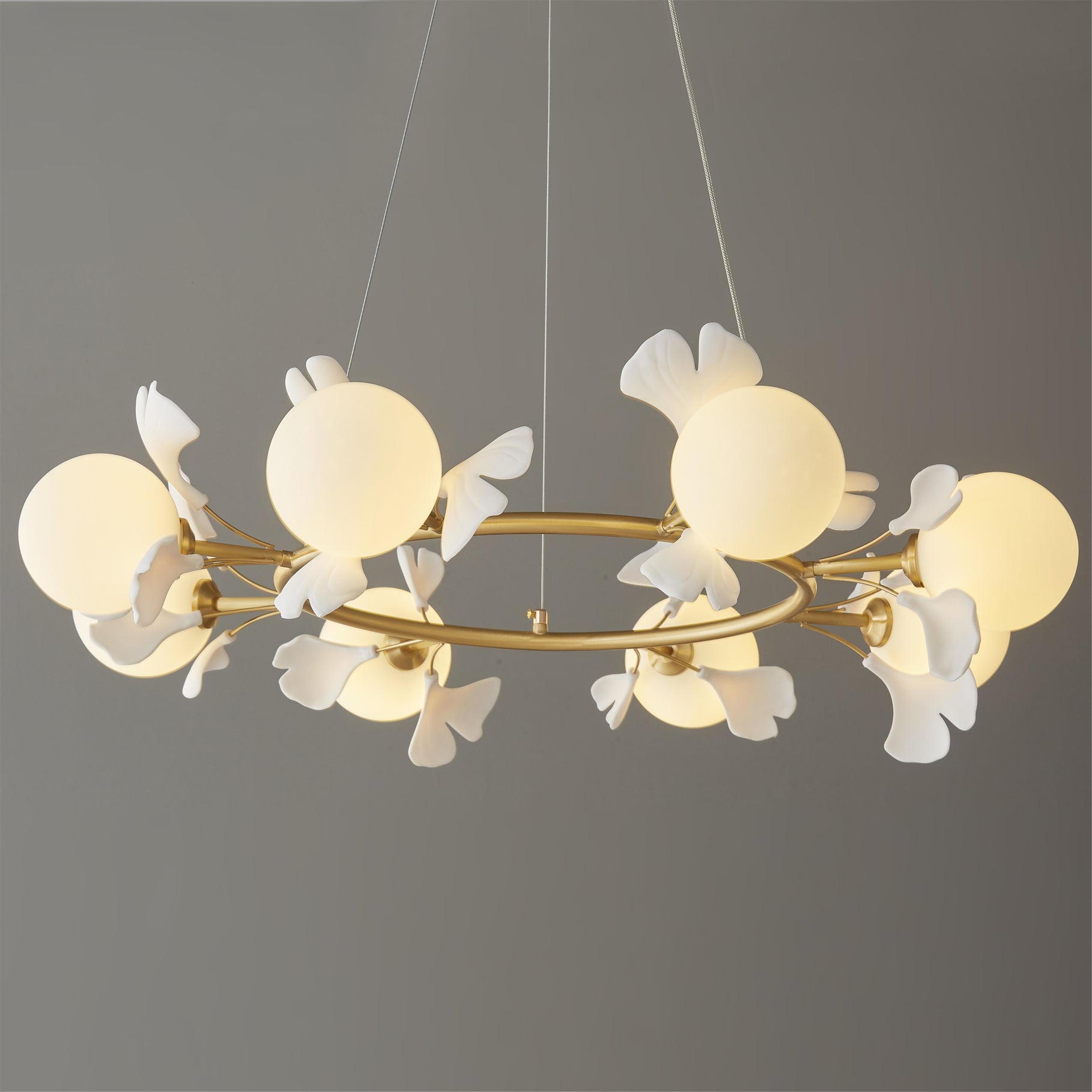 Allanie Gingko Chandelier Round Brass Globe Leaf - Letslighting