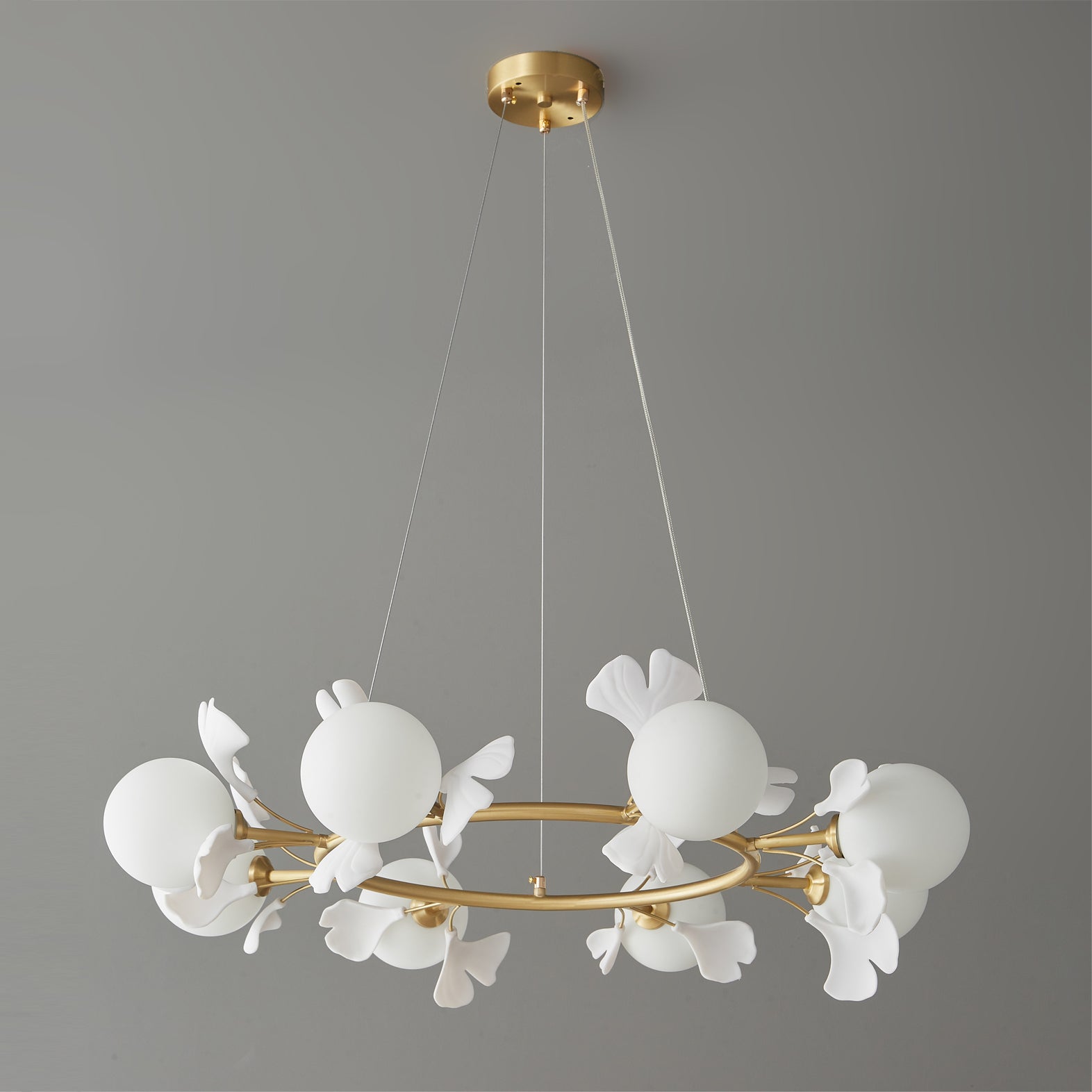 Allanie Gingko Chandelier Round Brass Globe Leaf - Letslighting