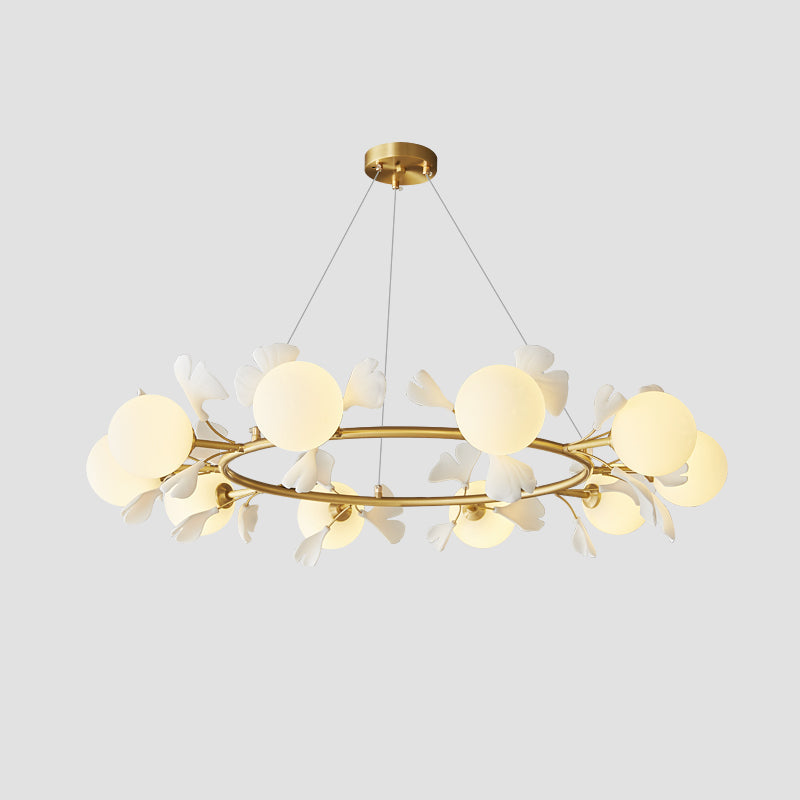 Allanie Gingko Chandelier Round Brass Globe Leaf - Letslighting