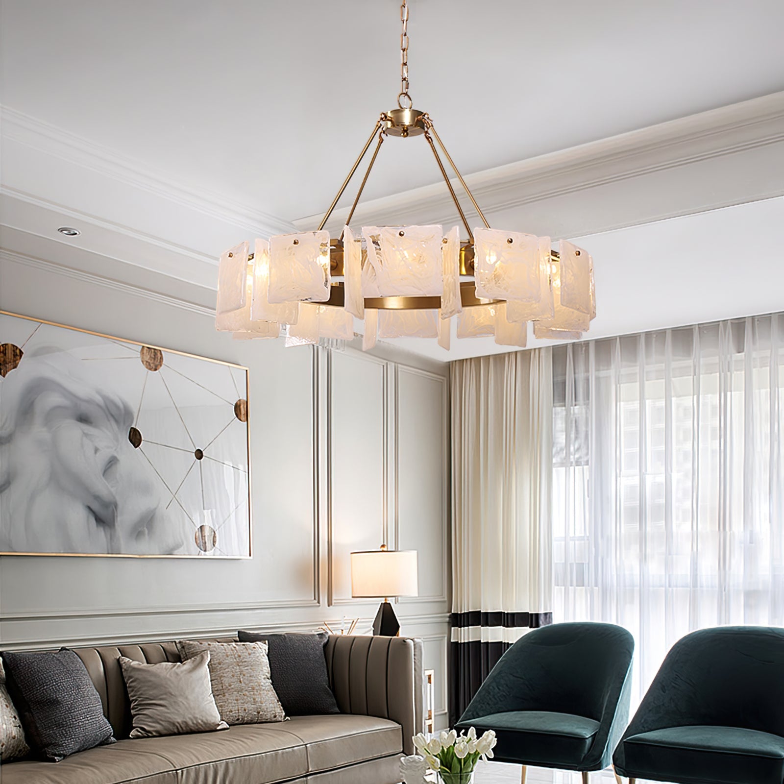 Alsona Chandelier Brushed Copper Glass Panel - Letslighting