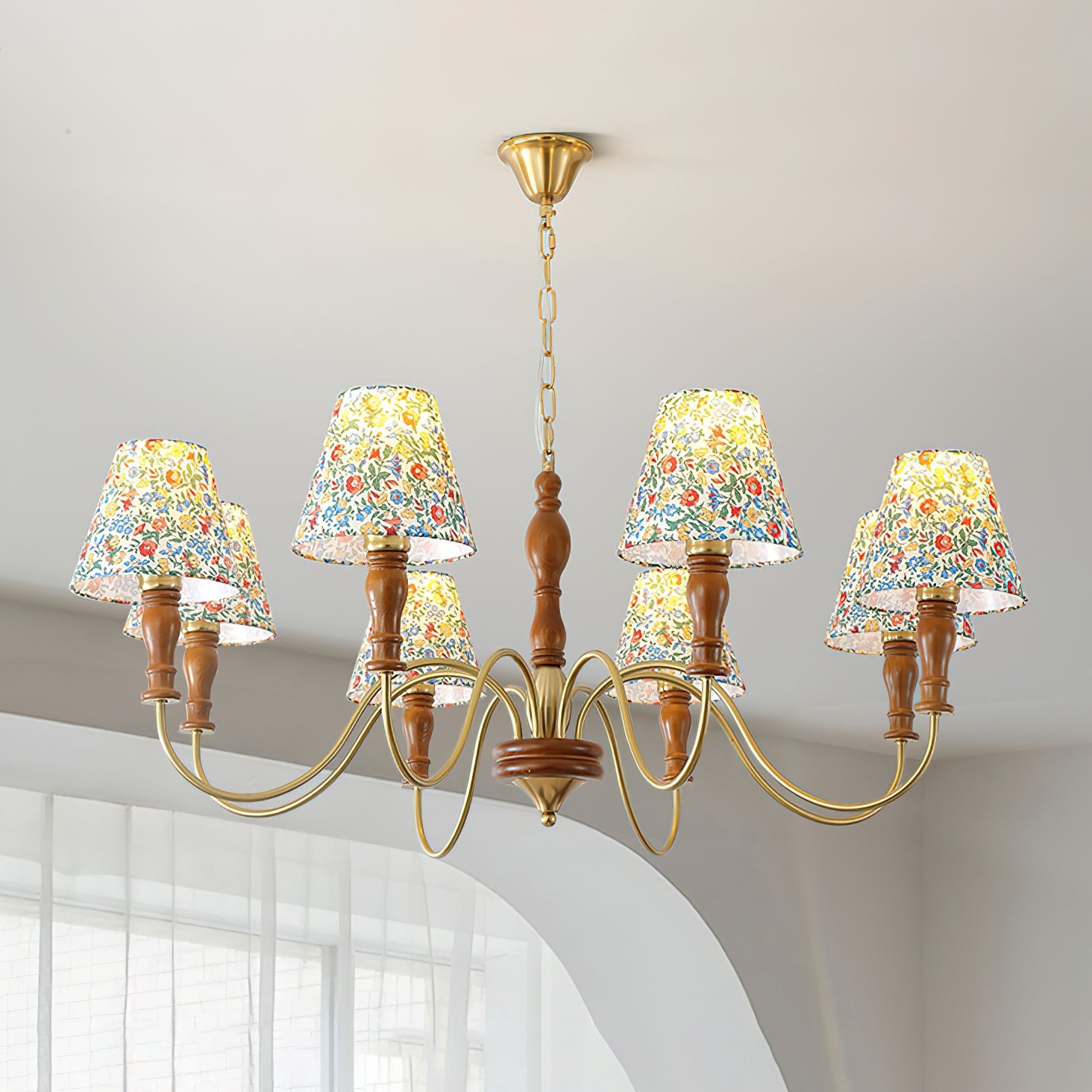 Florinda Floral Fabric Shade Chandelier with Wooden Arms - Letslighting