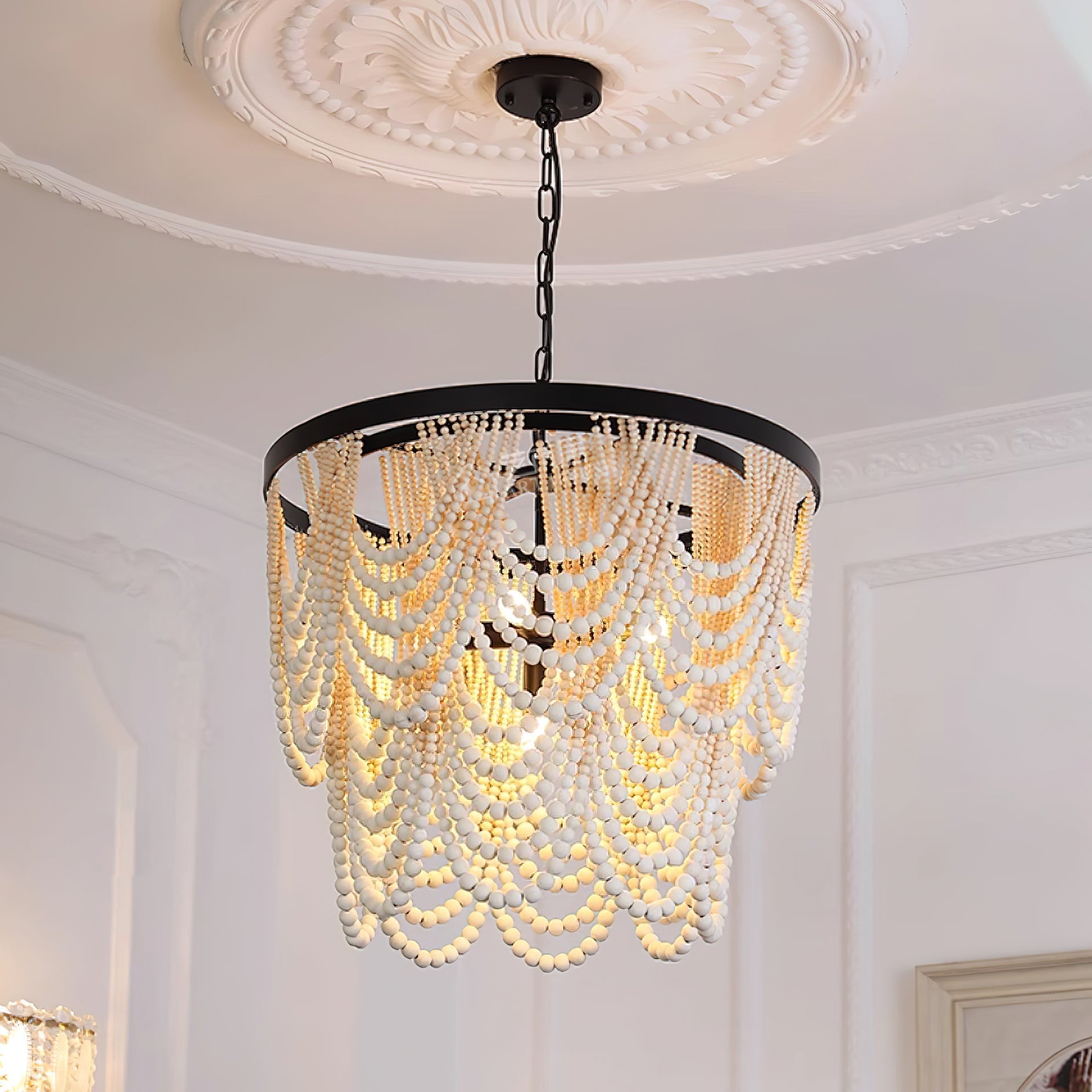 Amelia Chandelier Wood Bead Draped Rustic - Letslighting