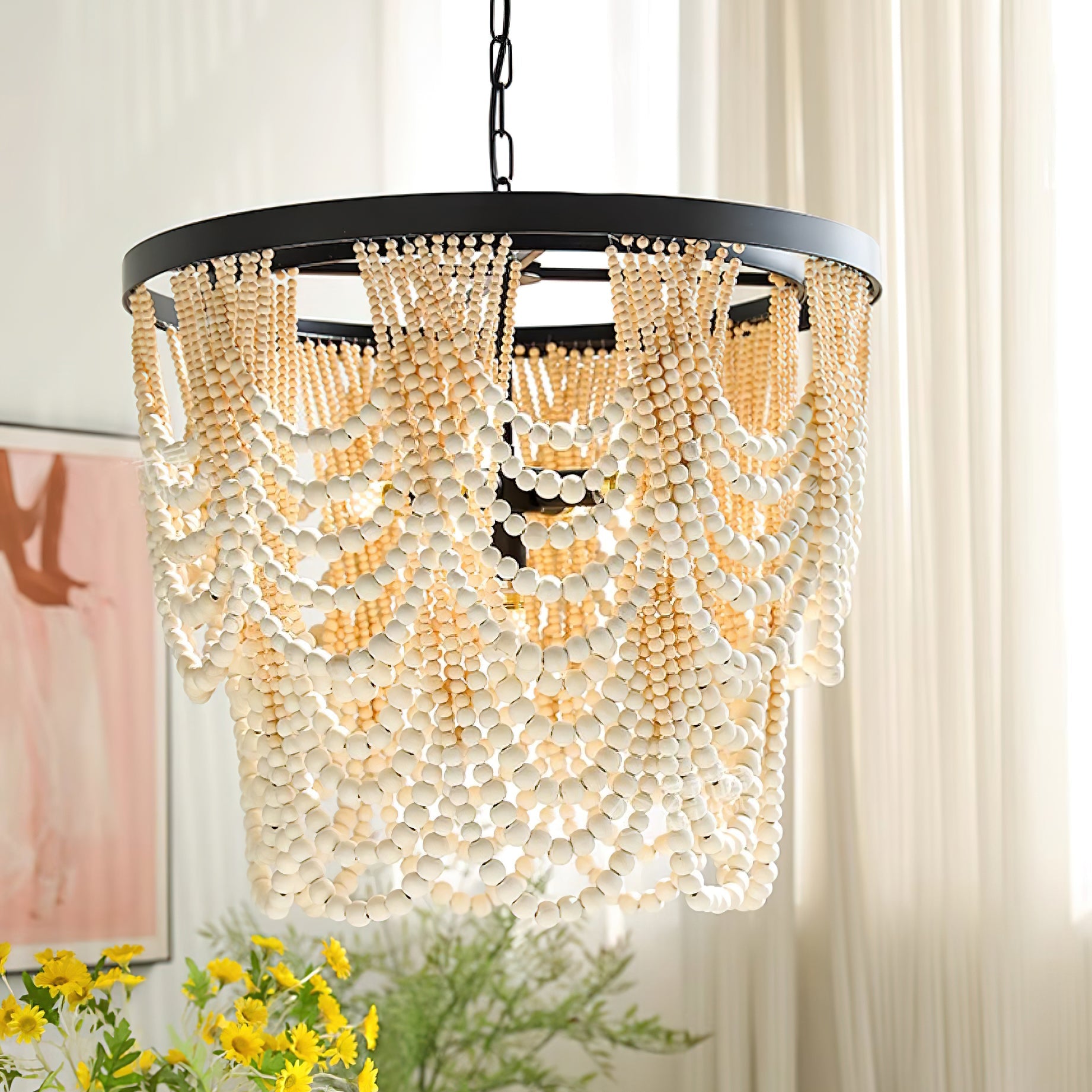 Amelia Chandelier Wood Bead Draped Rustic - Letslighting