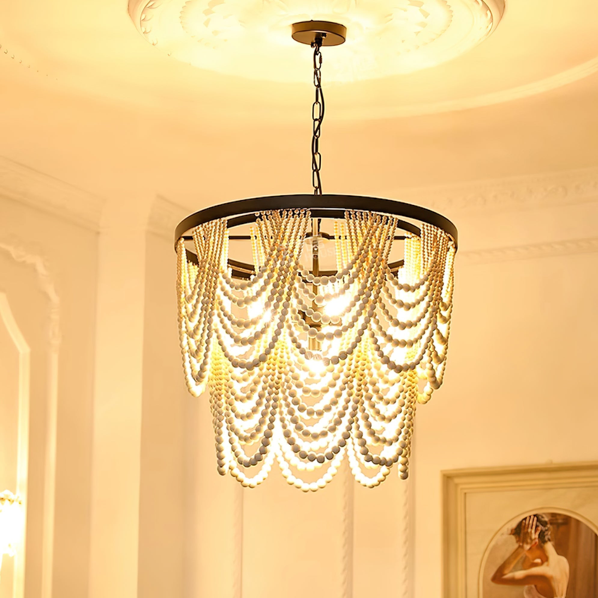 Amelia Chandelier Wood Bead Draped Rustic - Letslighting
