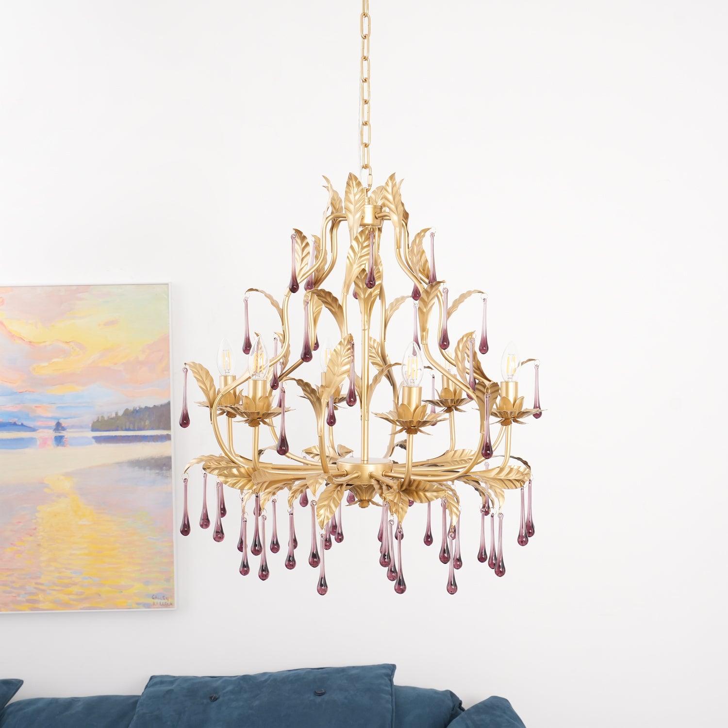 Murano Chandelier Purple Crystal Droplets Gold Leaves - Letslighting