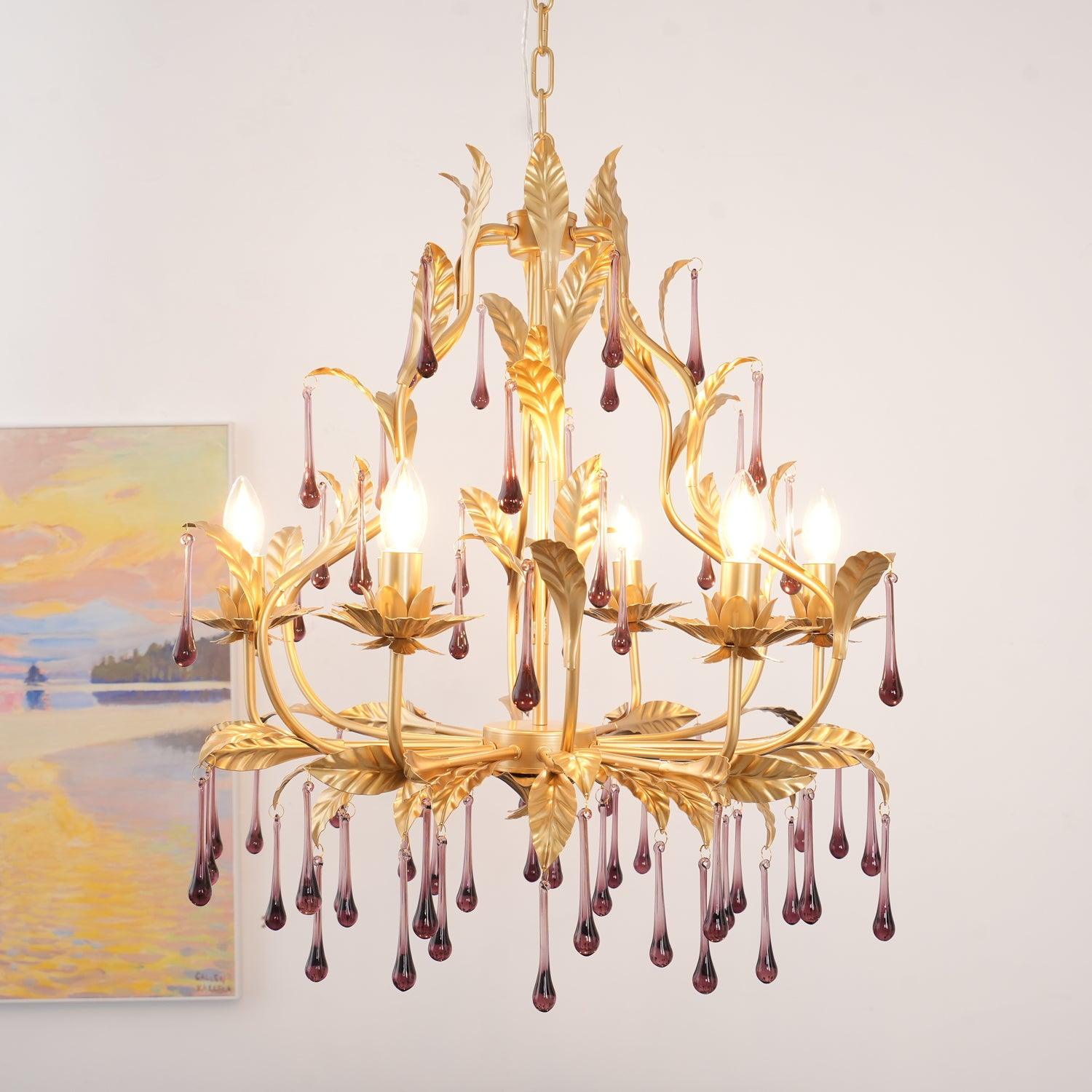 Murano Chandelier Purple Crystal Droplets Gold Leaves - Letslighting