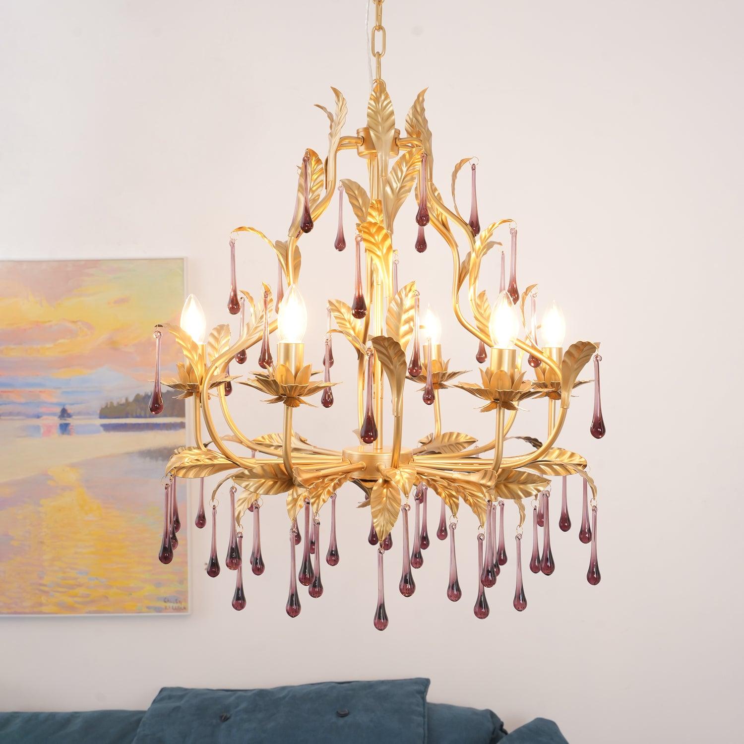 Murano Chandelier Purple Crystal Droplets Gold Leaves - Letslighting