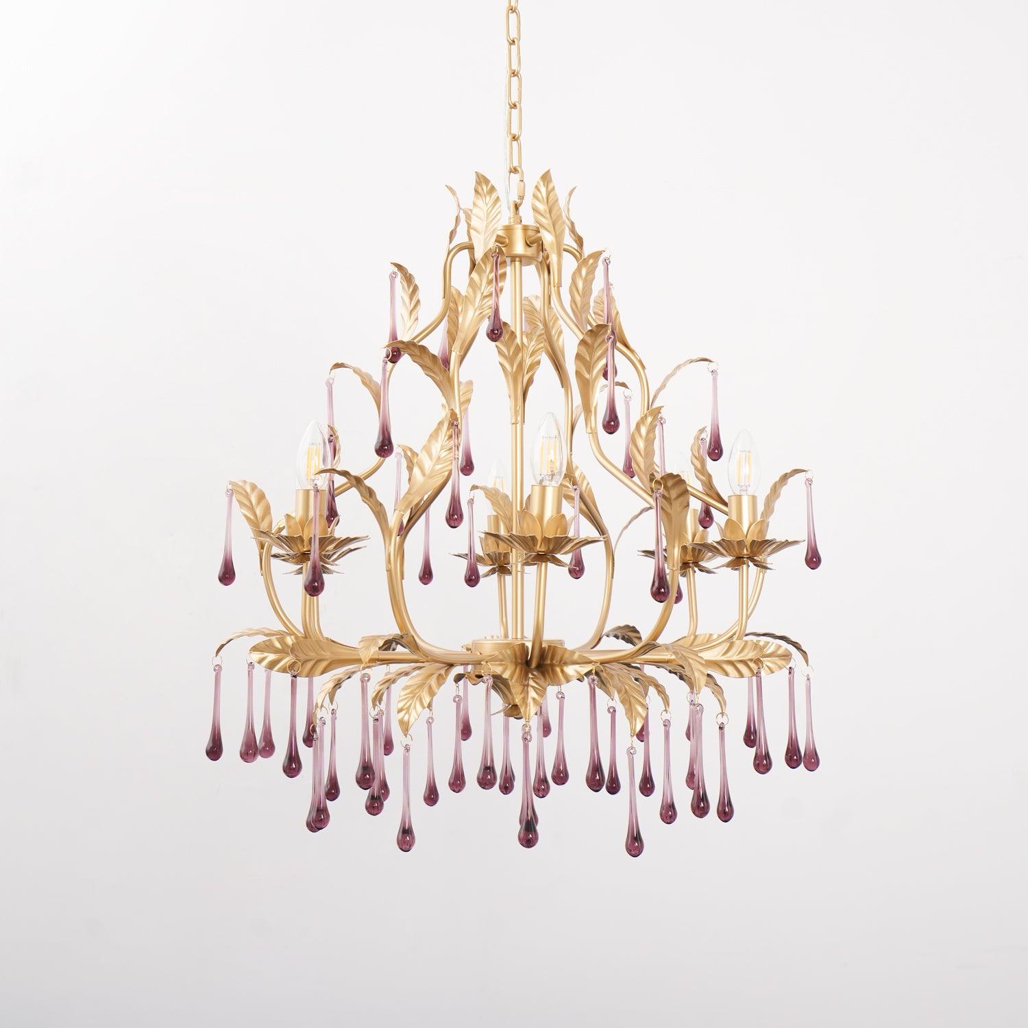 Murano Chandelier Purple Crystal Droplets Gold Leaves - Letslighting