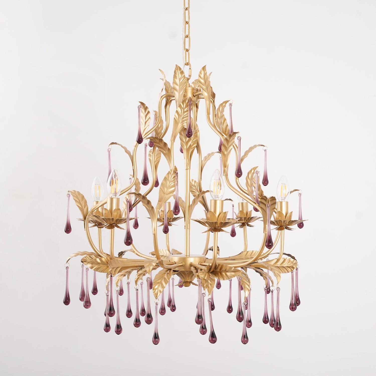 Murano Chandelier Purple Crystal Droplets Gold Leaves - Letslighting