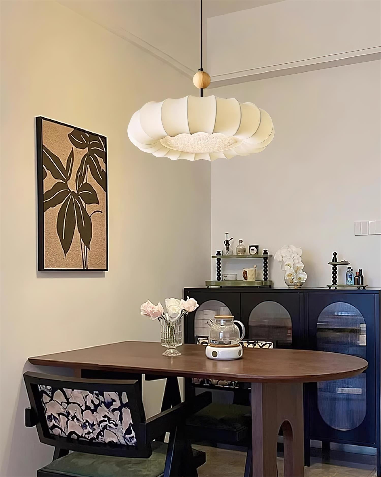 Pendant Lamp Fabric Petal Shade Wood Bead Wabi-Sabi Organic Cozy - Letslighting