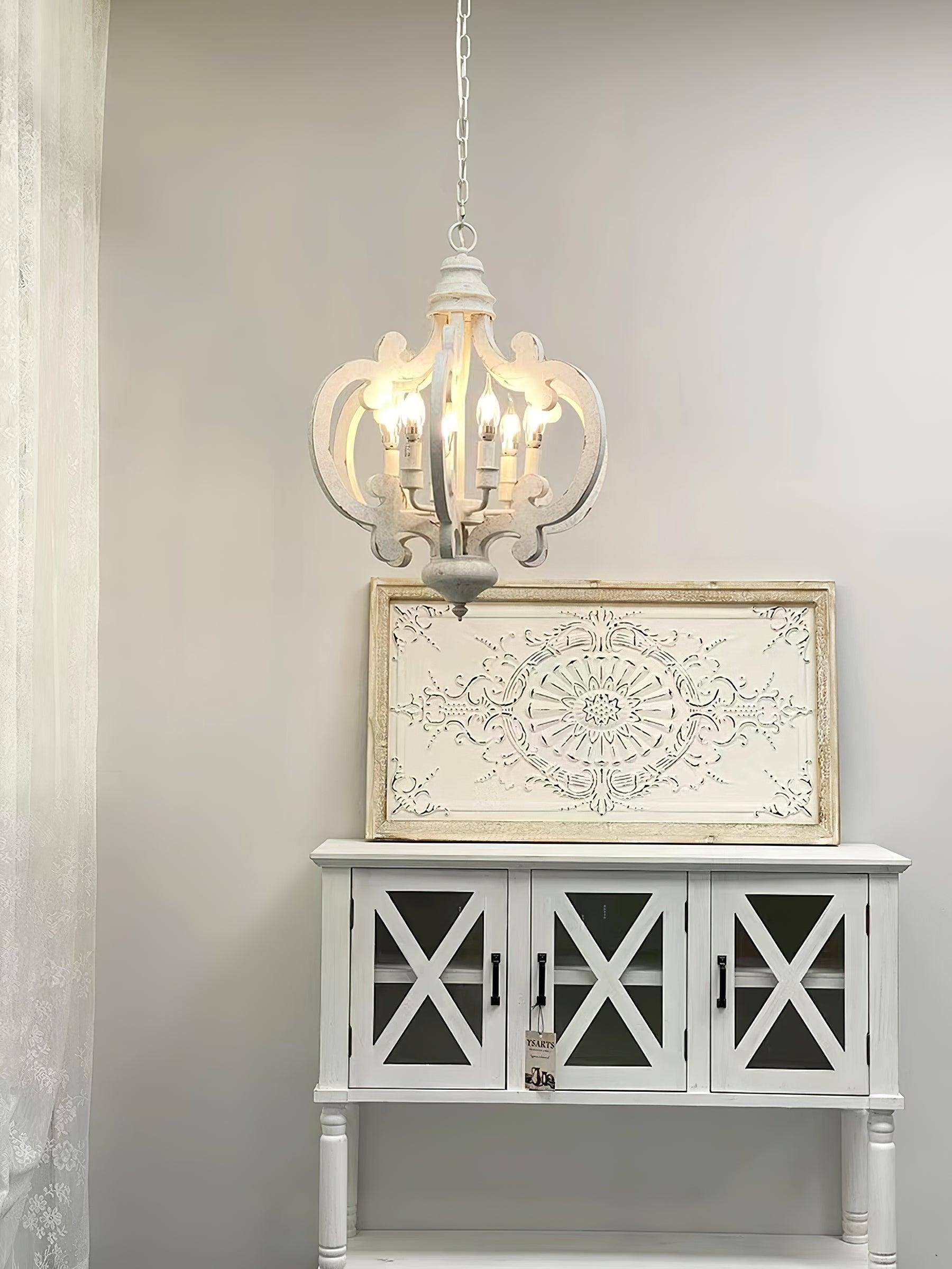 Lustra Chandelier Scroll Wood Whitewashed Rustic - Letslighting