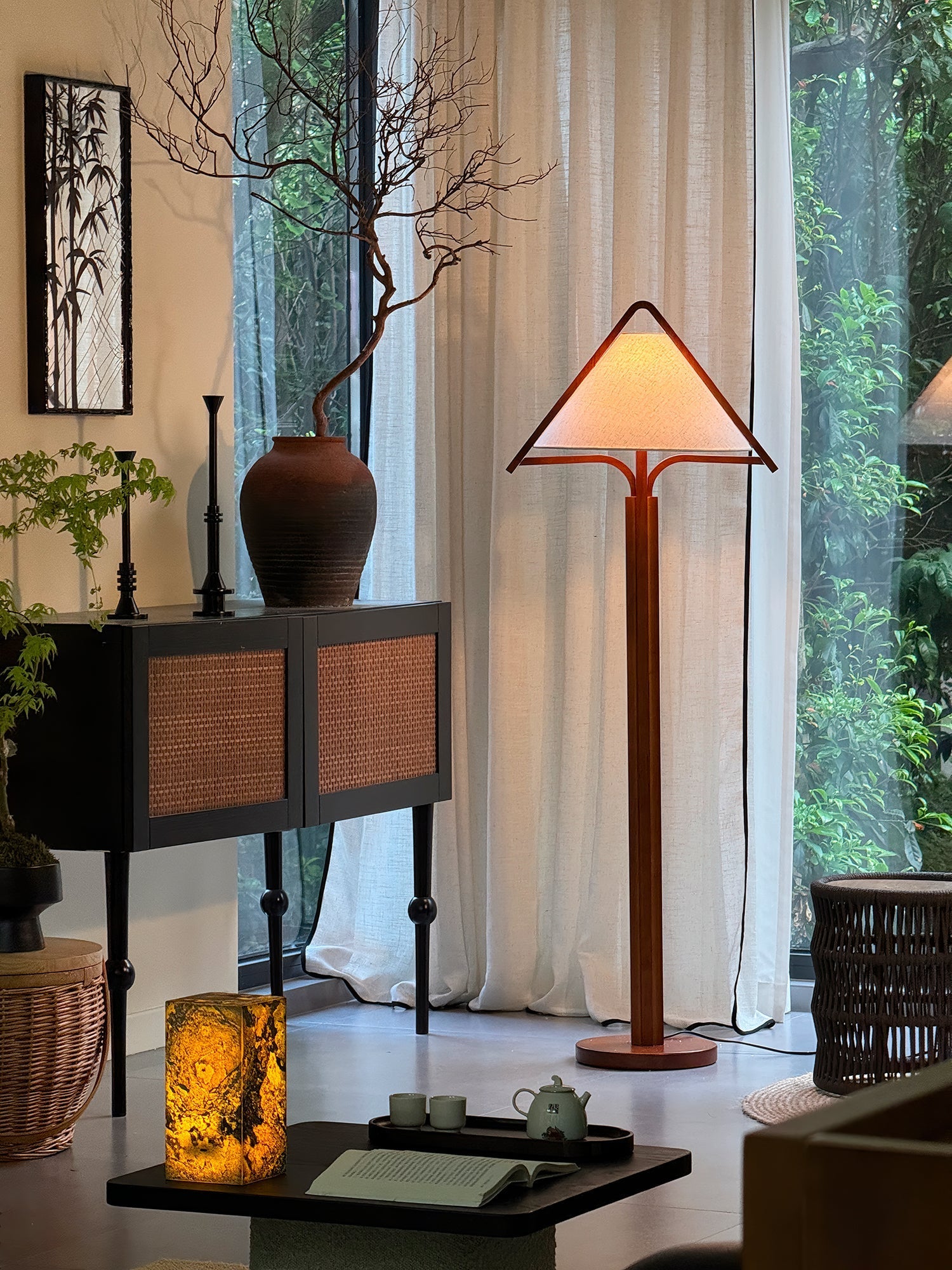 Ersolan Triangular Wood & Fabric Floor Lamp - Blowlighting
