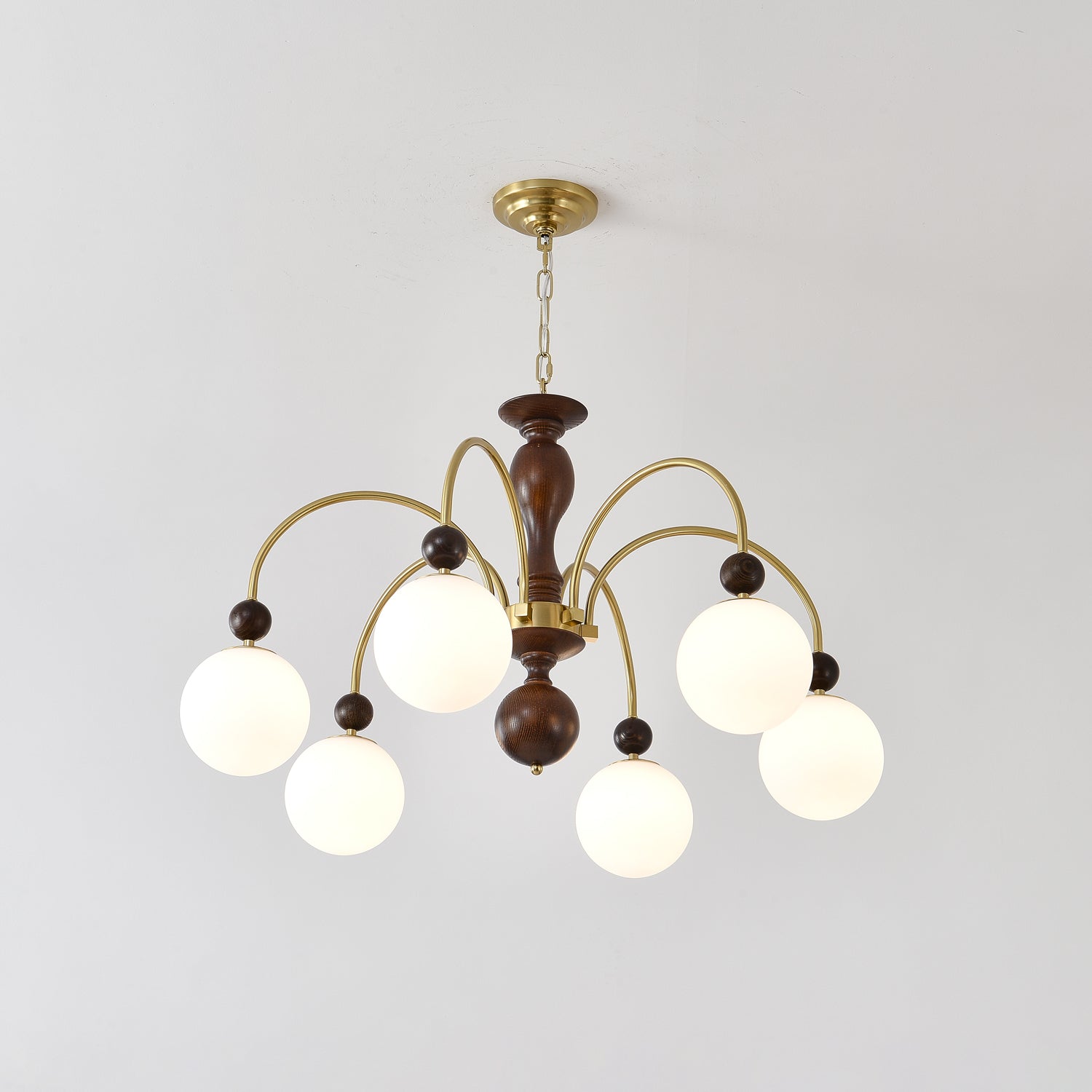 Lustra Pendant Lamp Walnut Brass Globe Vintage - Letslighting