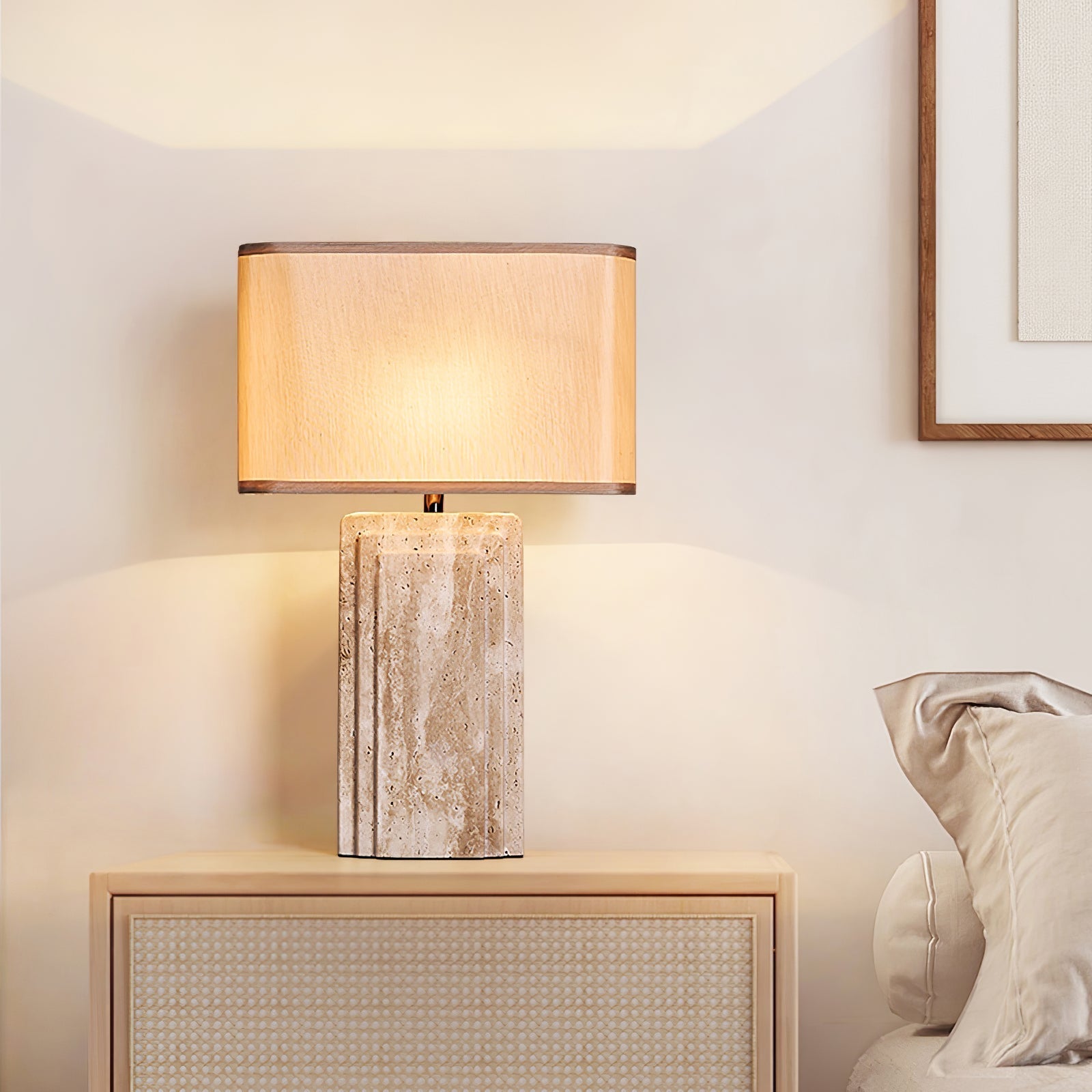 Arco Elegant Travertine & Fabric Table Lamp
