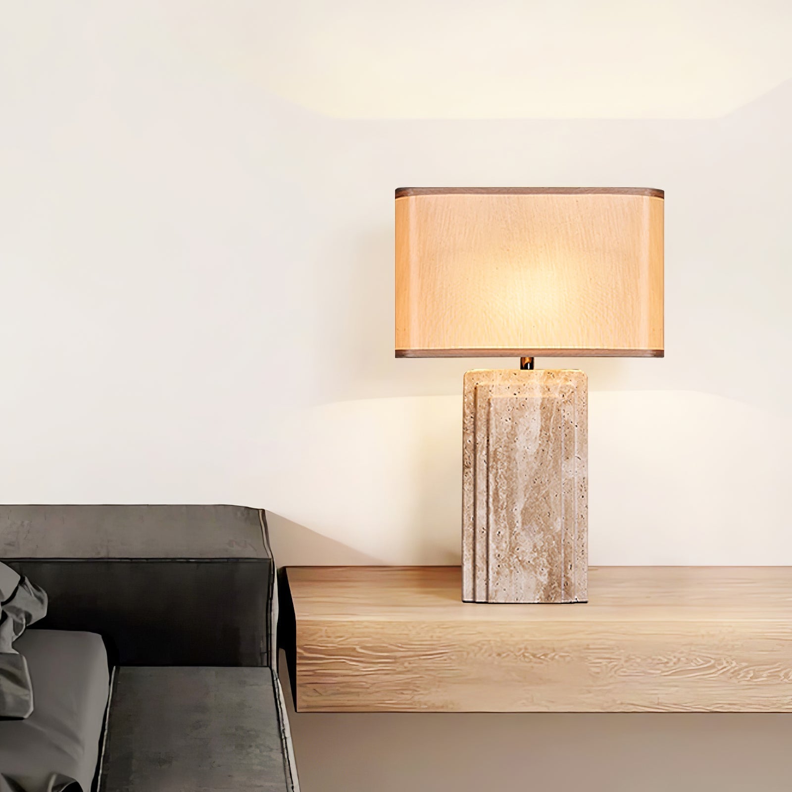Arco Elegant Travertine & Fabric Table Lamp