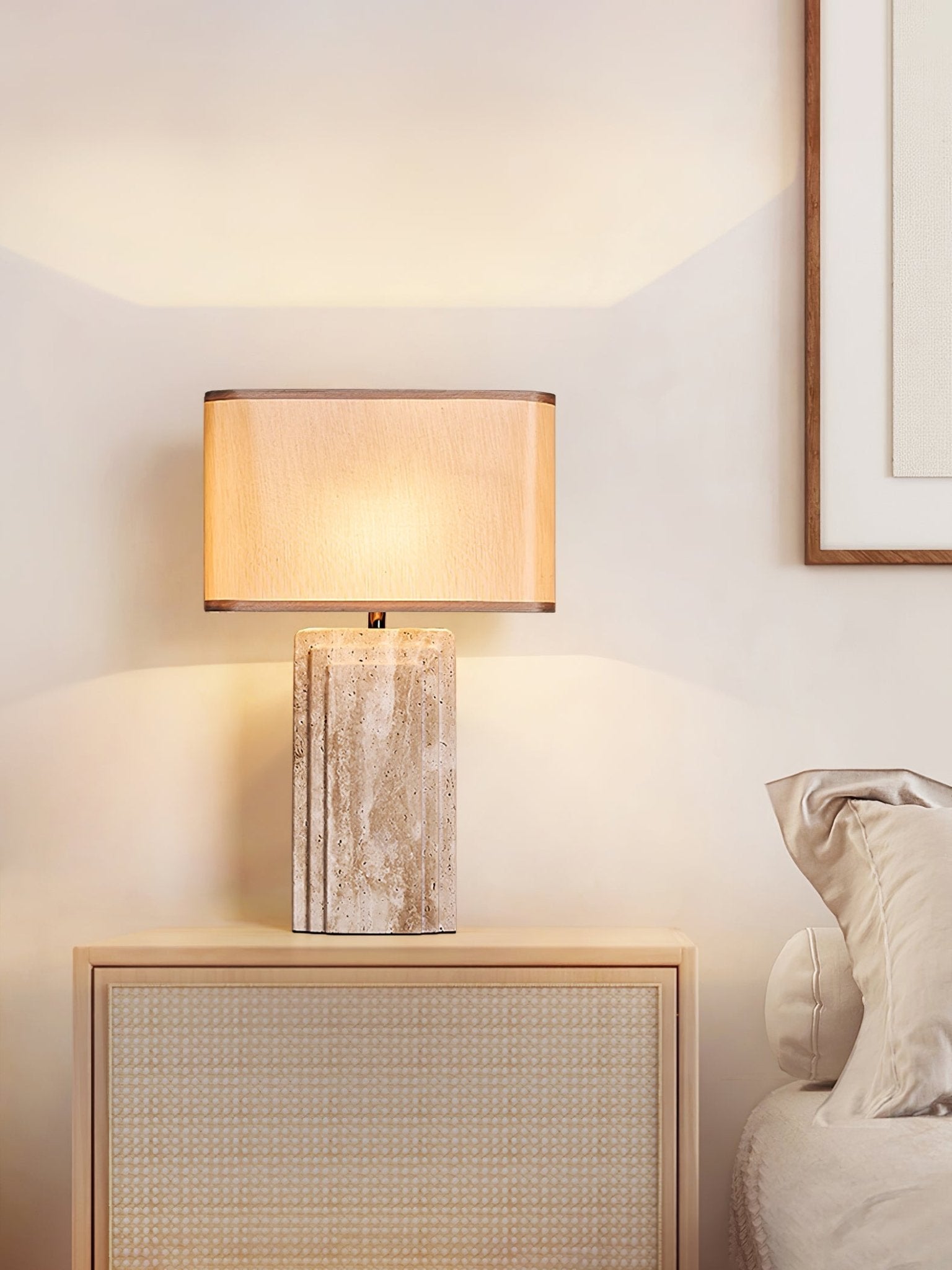 Arco Elegant Travertine & Fabric Table Lamp