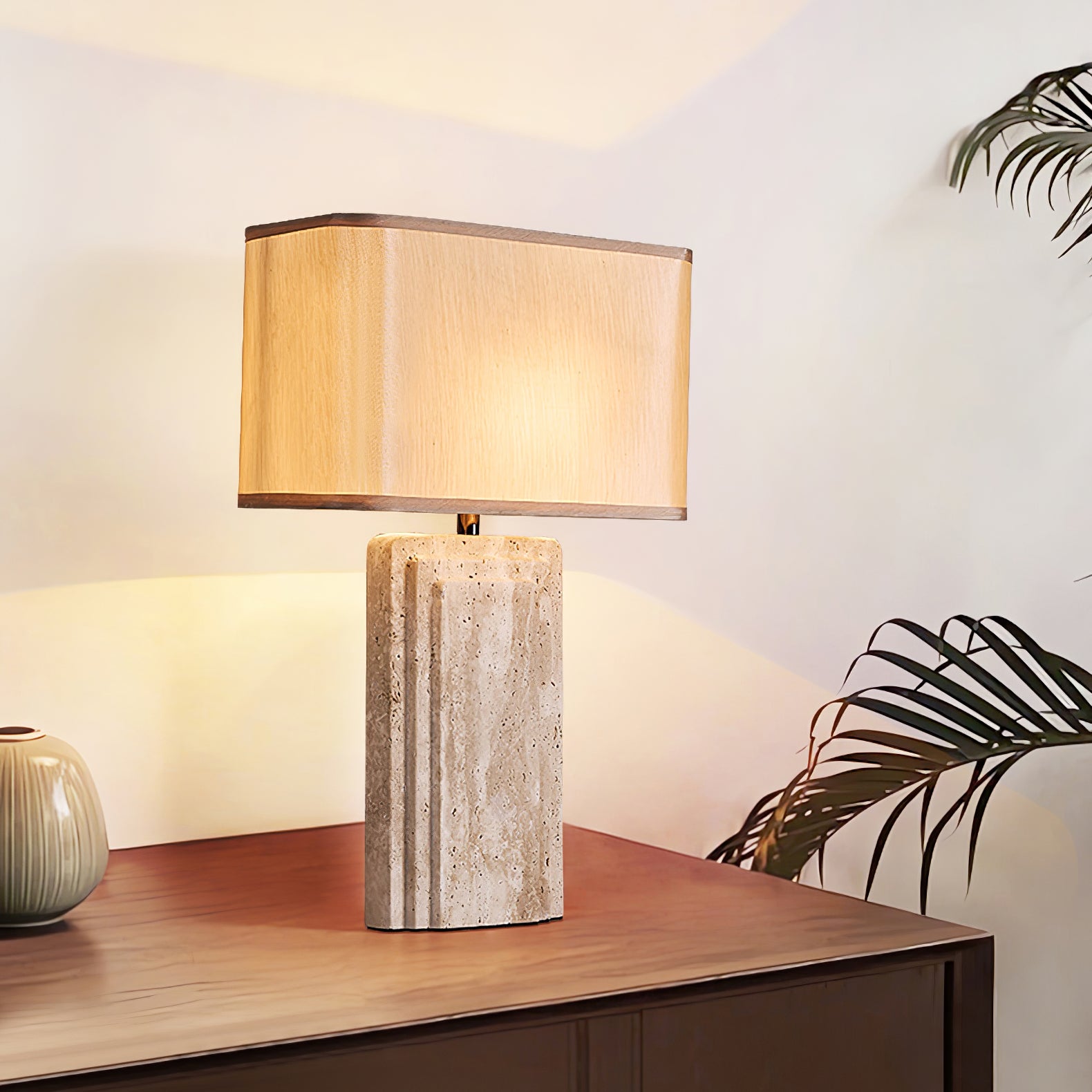 Arco Elegant Travertine & Fabric Table Lamp