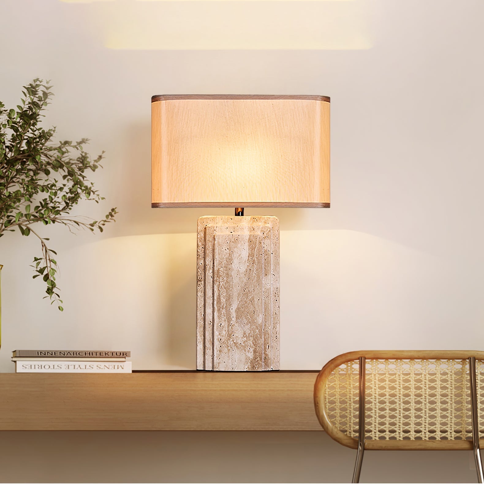 Arco Elegant Travertine & Fabric Table Lamp