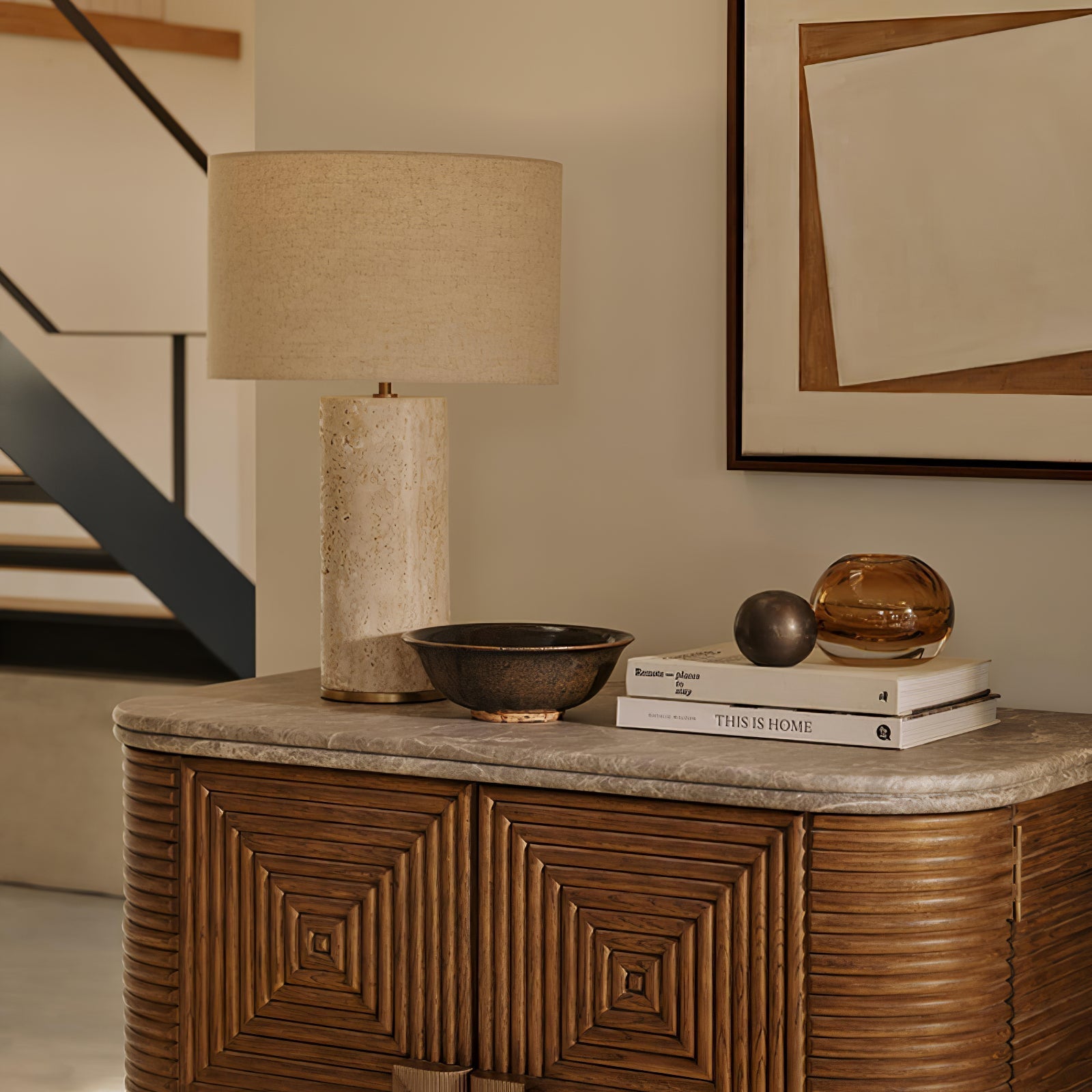 Vonoryra Cylindrical Travertine Table Lamp - Letslighting