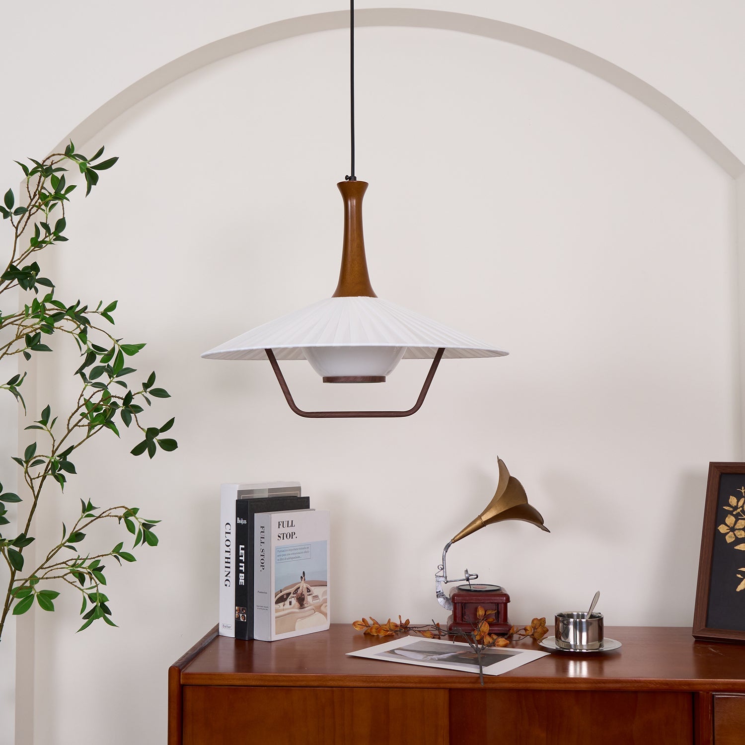 Vionne Mid-Century Wood and White Pendant Lamp - Letslighting