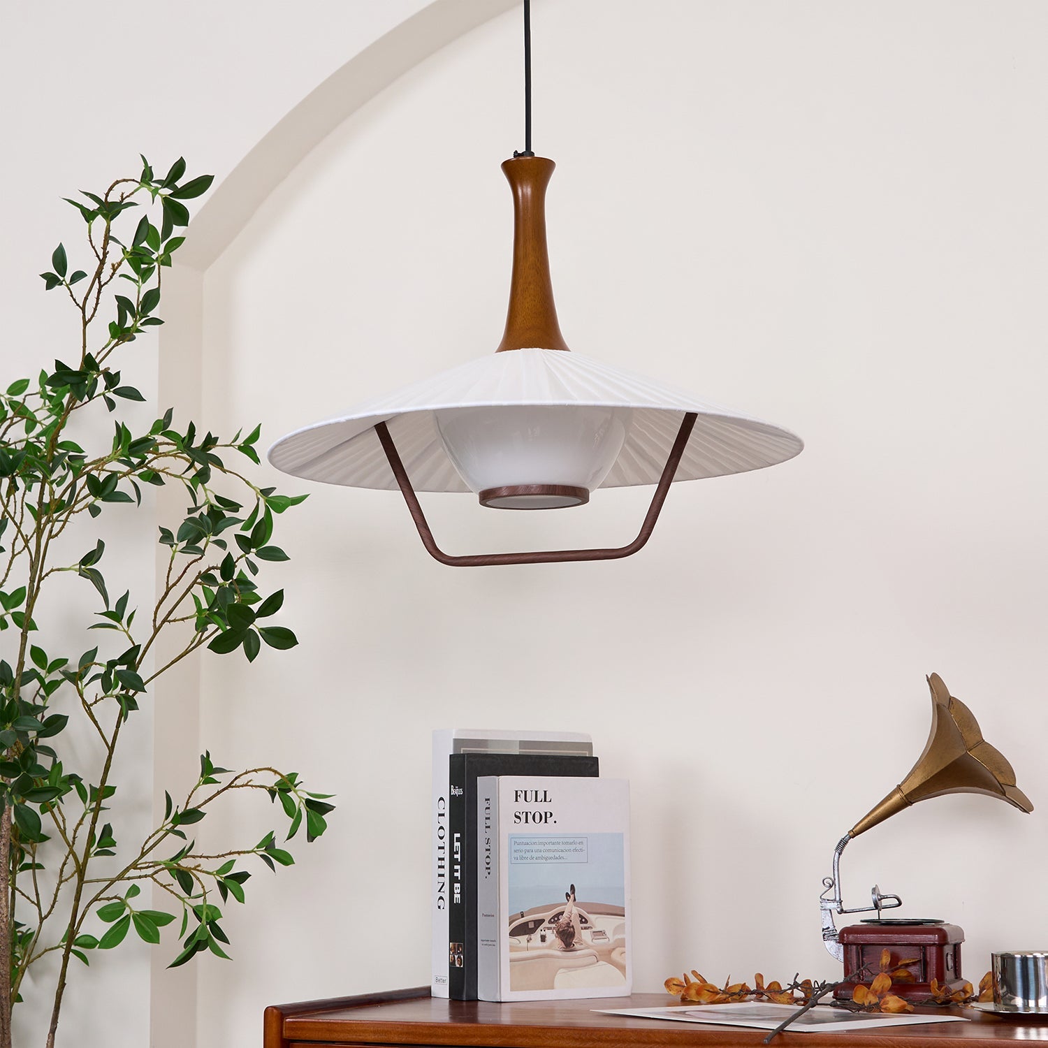 Vionne Mid-Century Wood and White Pendant Lamp - Letslighting