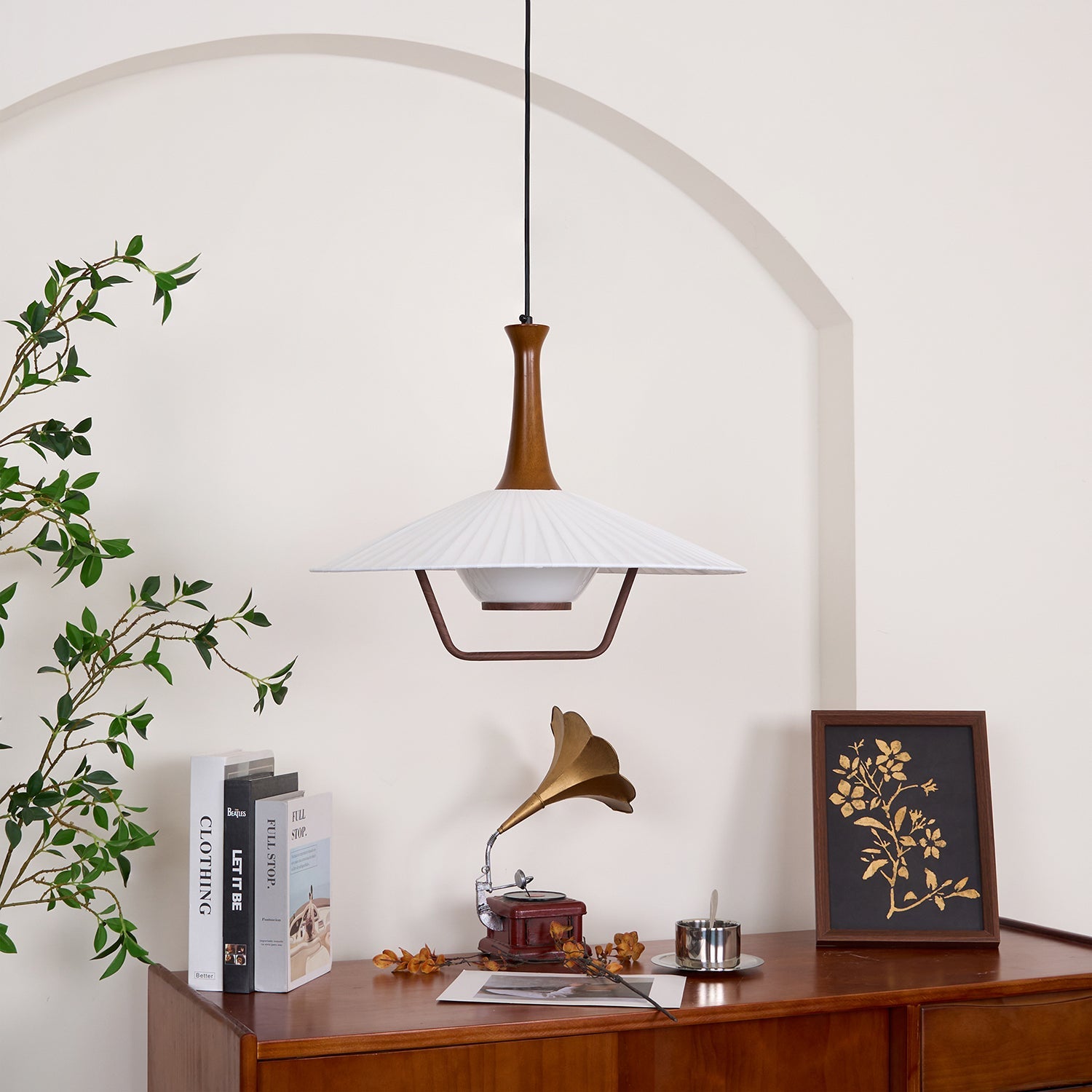Vionne Mid-Century Wood and White Pendant Lamp - Letslighting