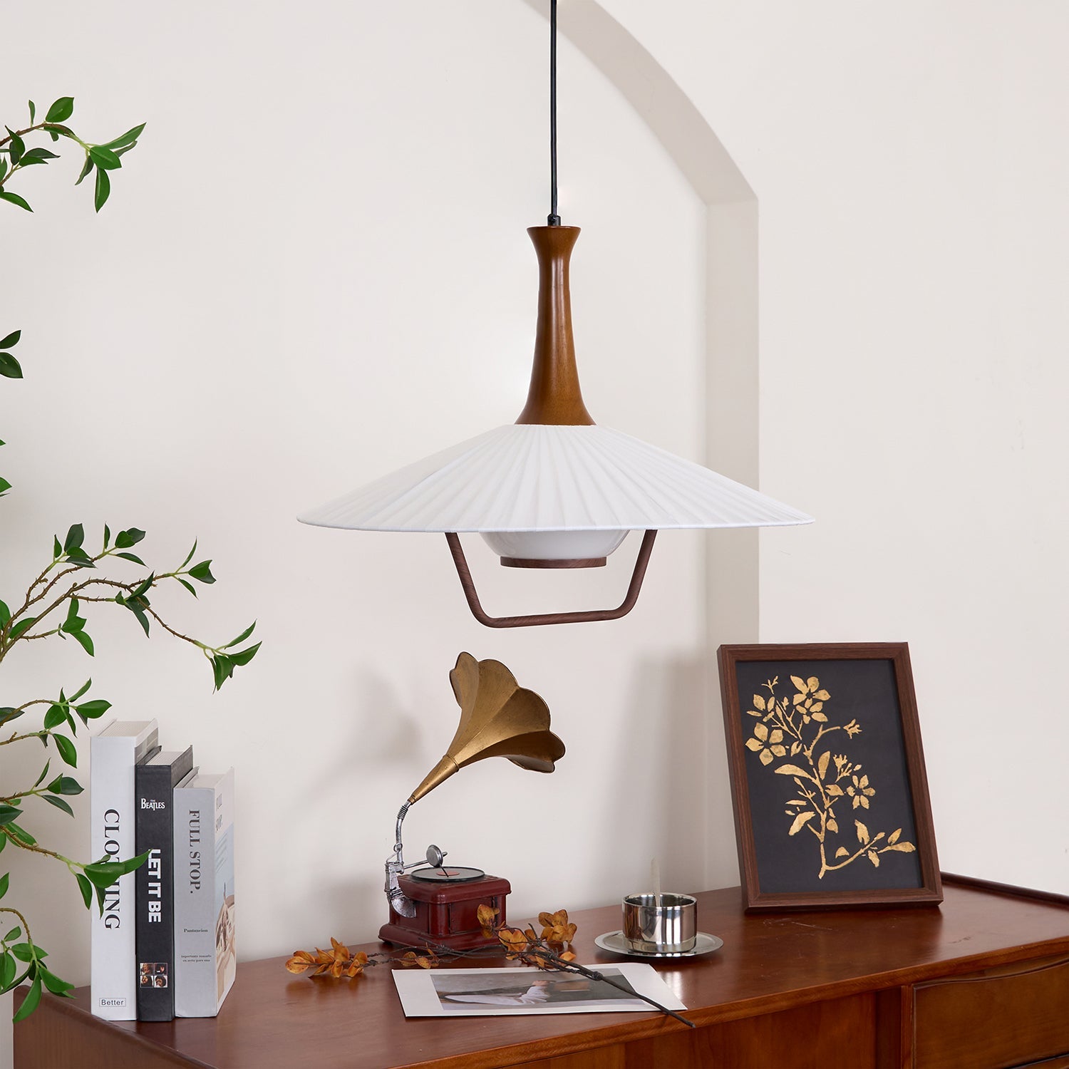 Vionne Mid-Century Wood and White Pendant Lamp - Letslighting