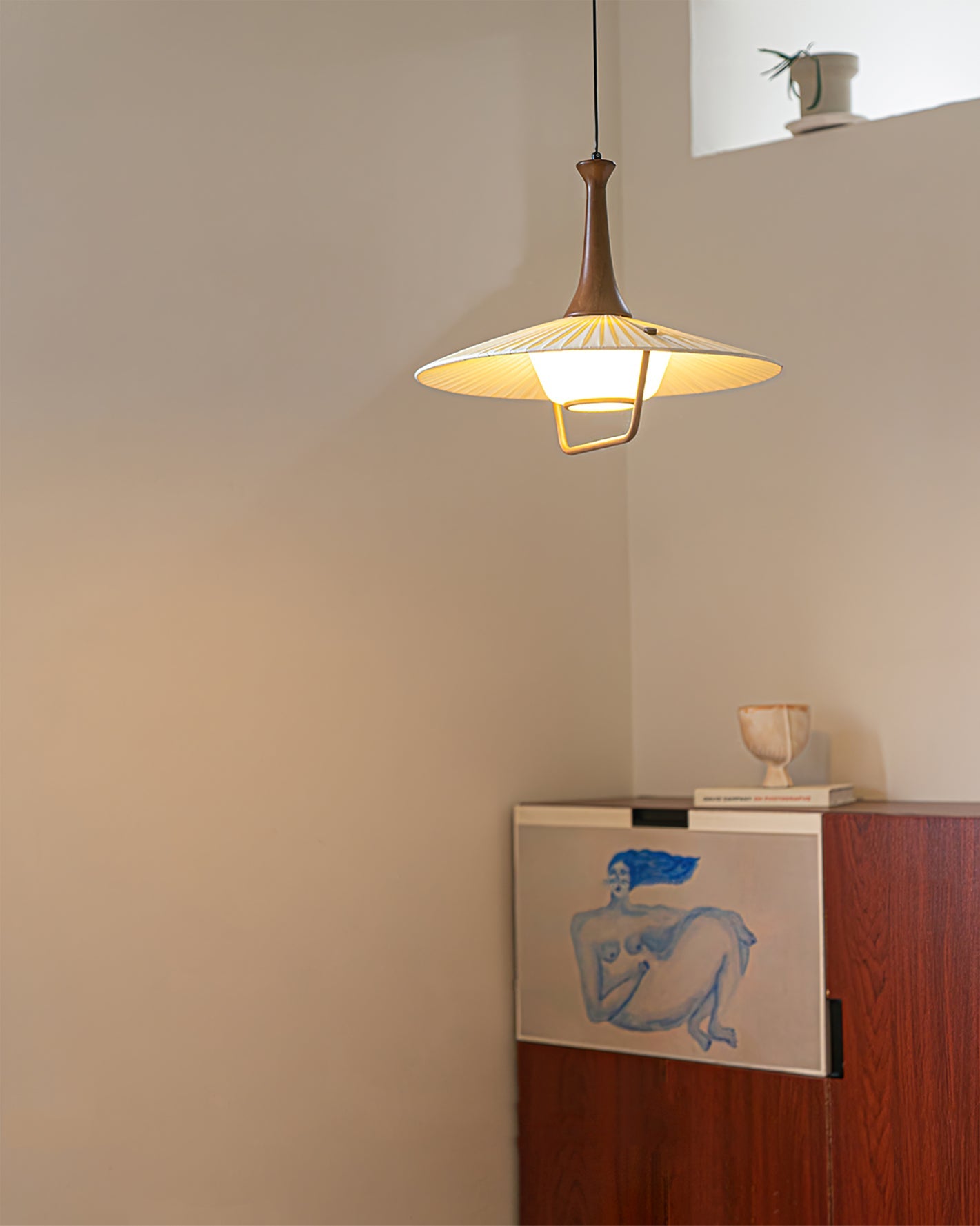 Vionne Mid-Century Wood and White Pendant Lamp - Letslighting
