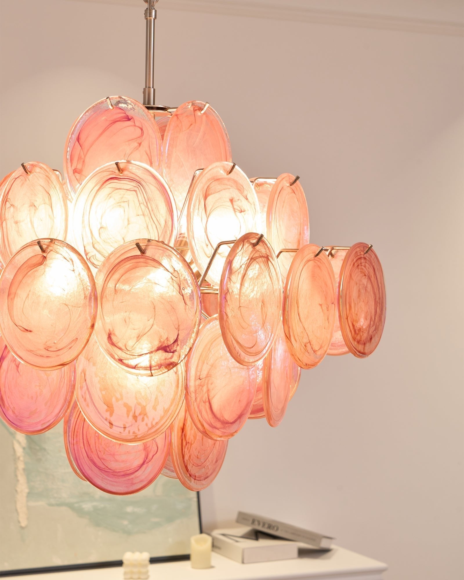 Aurora Chandelier Pink Glass Disc Layered Romantic - Letslighting
