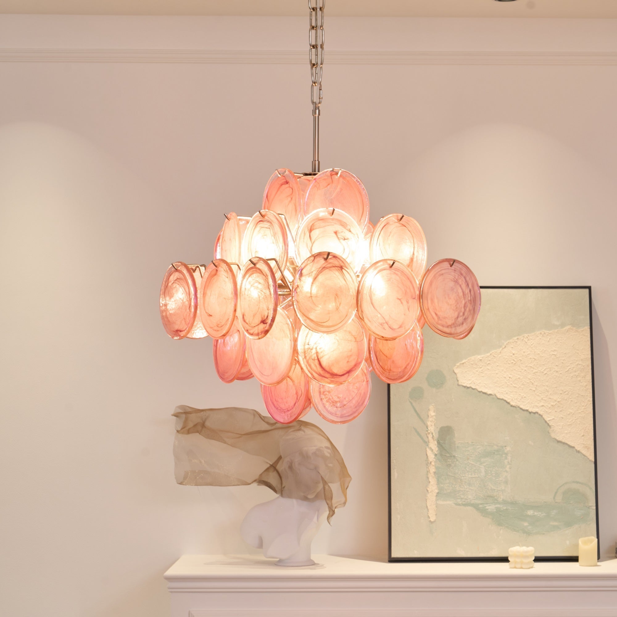 Aurora Chandelier Pink Glass Disc Layered Romantic - Letslighting
