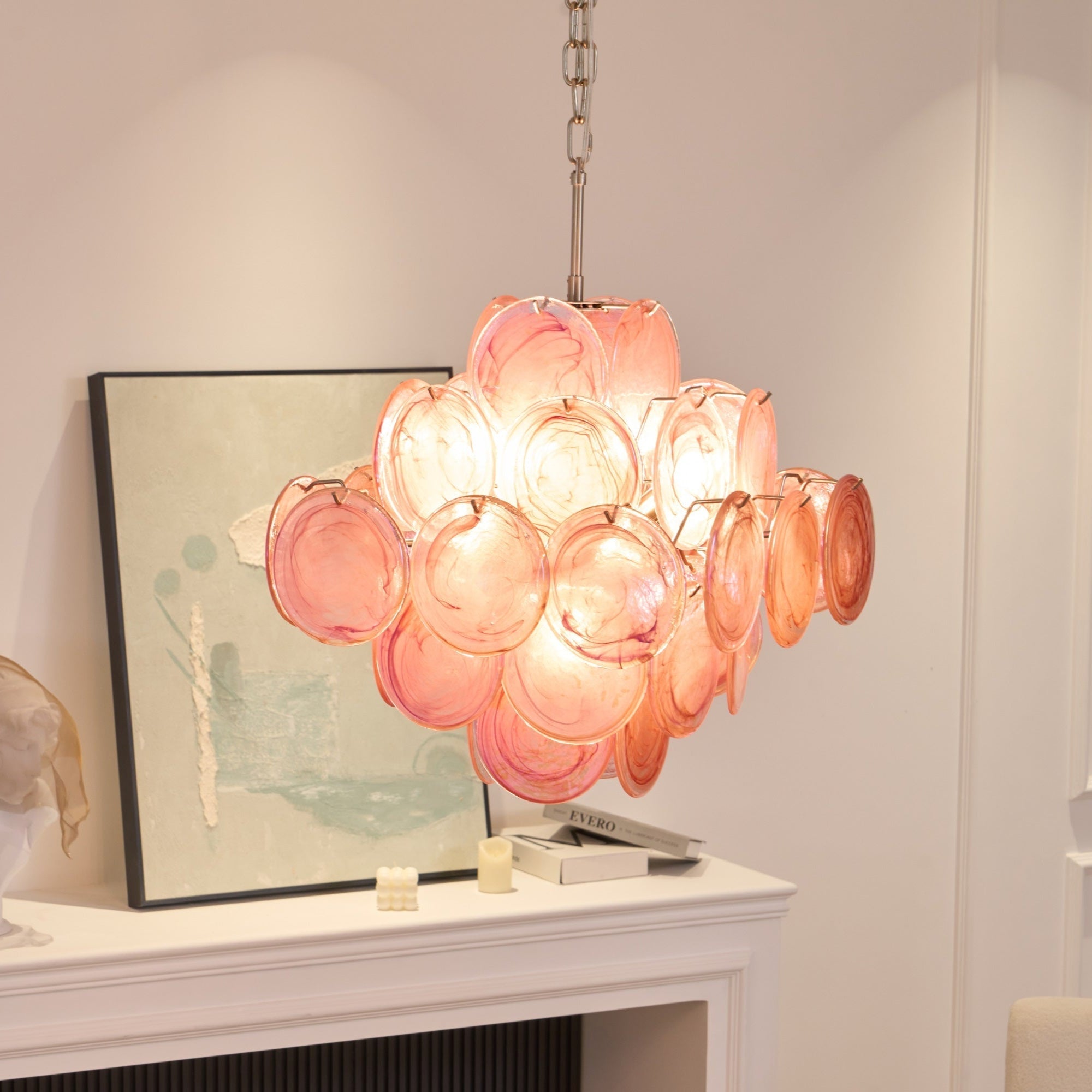 Aurora Chandelier Pink Glass Disc Layered Romantic - Letslighting