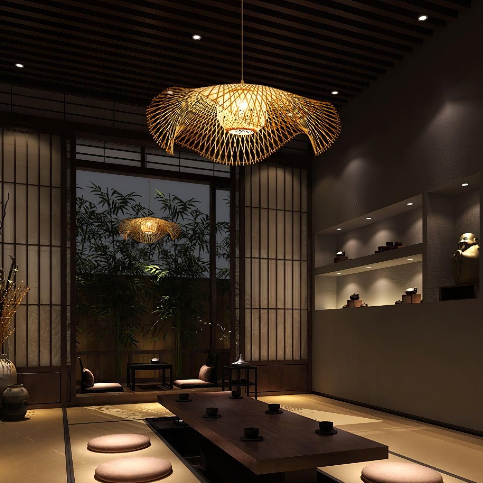 Pendant Lamp Bamboo Lotus Leaf Shape Open Weave Natural - Letslighting